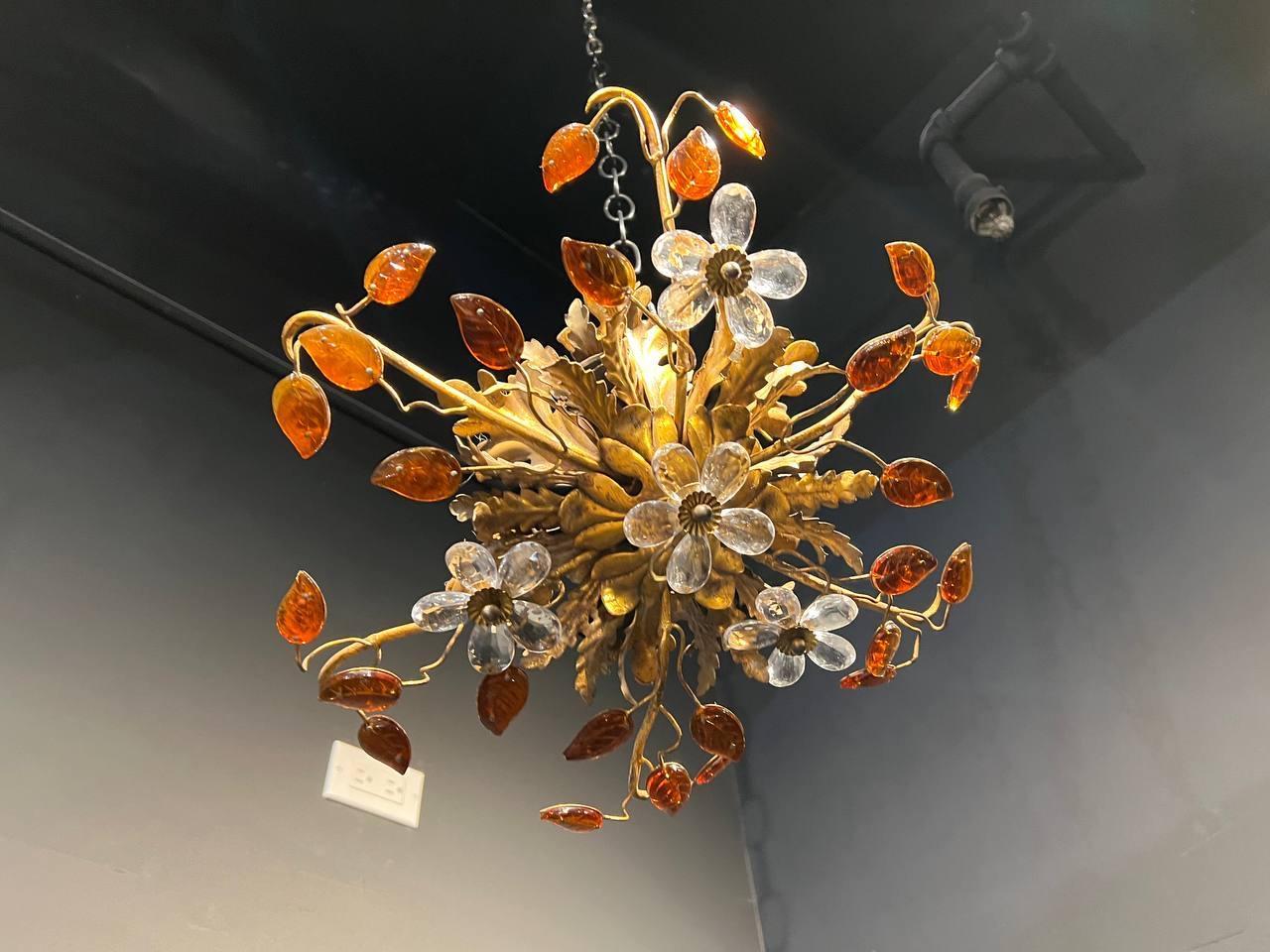 1930's French Bagues Flush Mount with Orange Glass Leaves For Sale 1