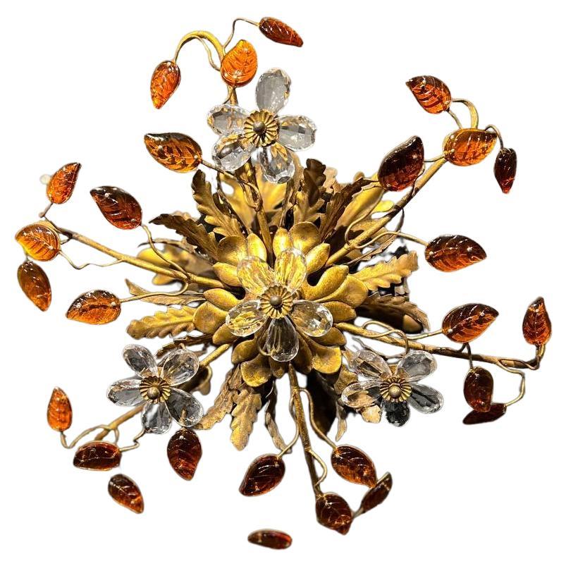 1930's French Bagues Flush Mount with Orange Glass Leaves