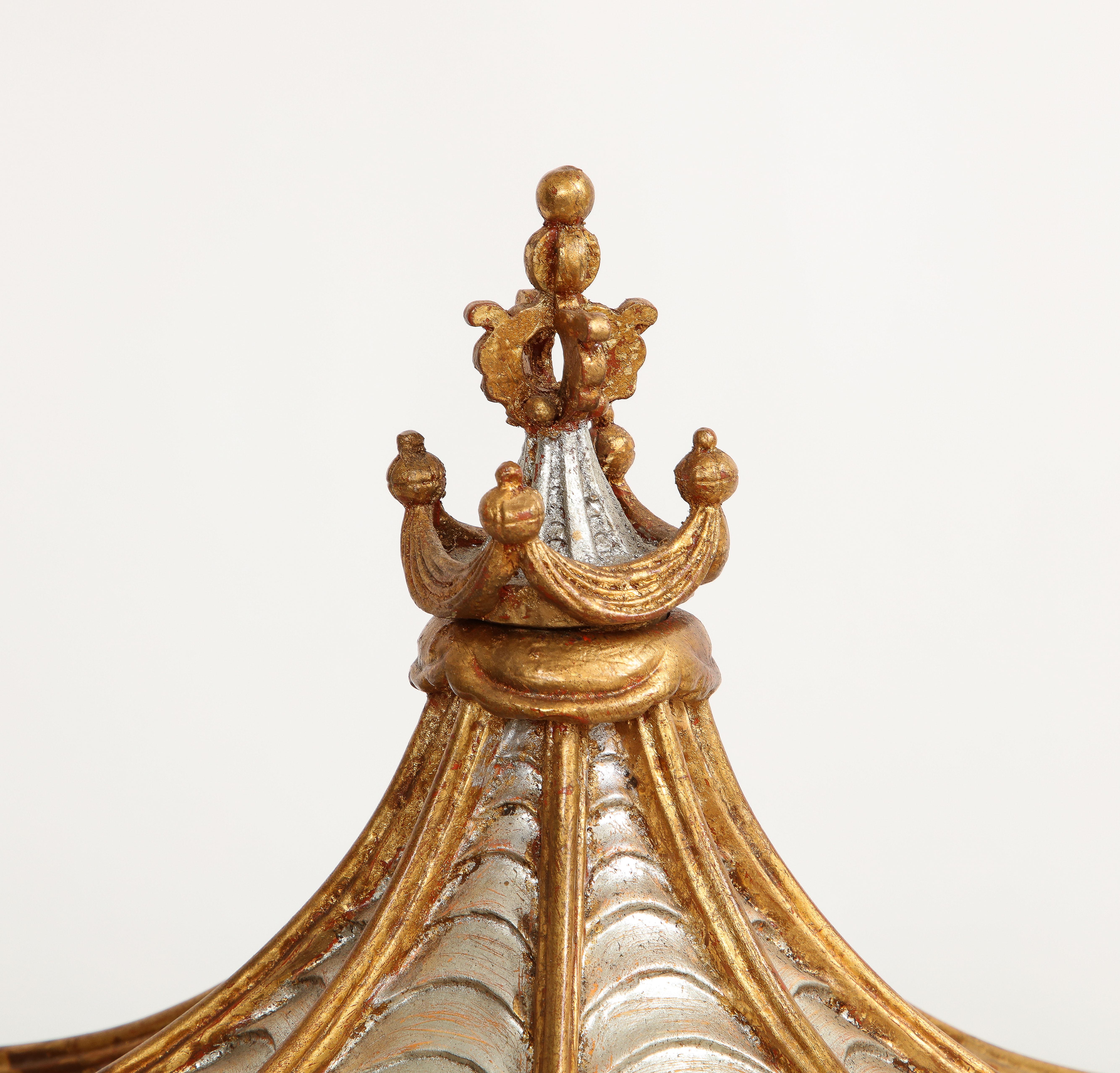 A 1930's French Gilt Lacquered Wood Pagoda Form Chinoiserie Platinum Painted Box For Sale 8