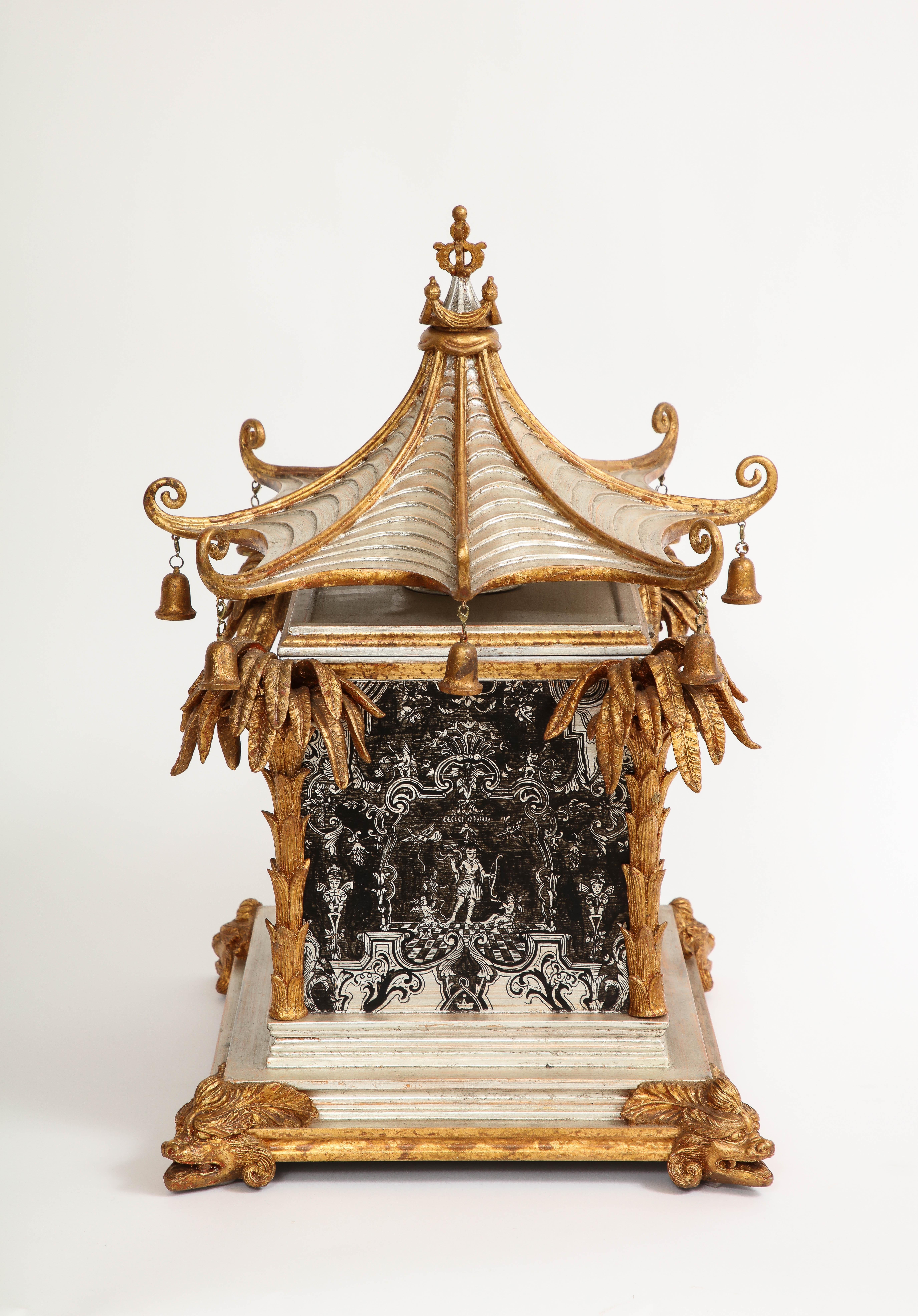 Hand-Carved A 1930's French Gilt Lacquered Wood Pagoda Form Chinoiserie Platinum Painted Box For Sale