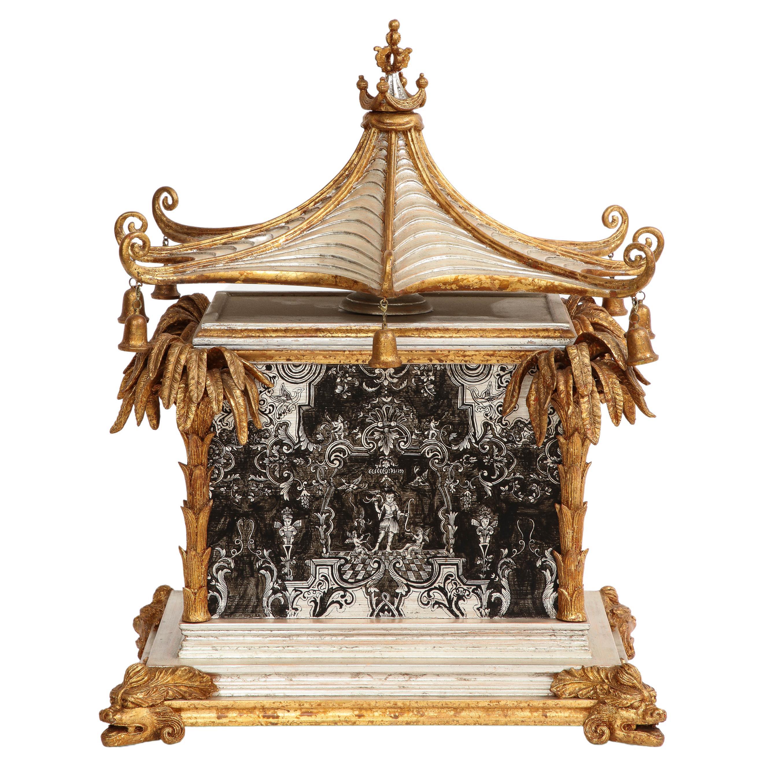 A 1930's French Gilt Lacquered Wood Pagoda Form Chinoiserie Platinum Painted Box For Sale