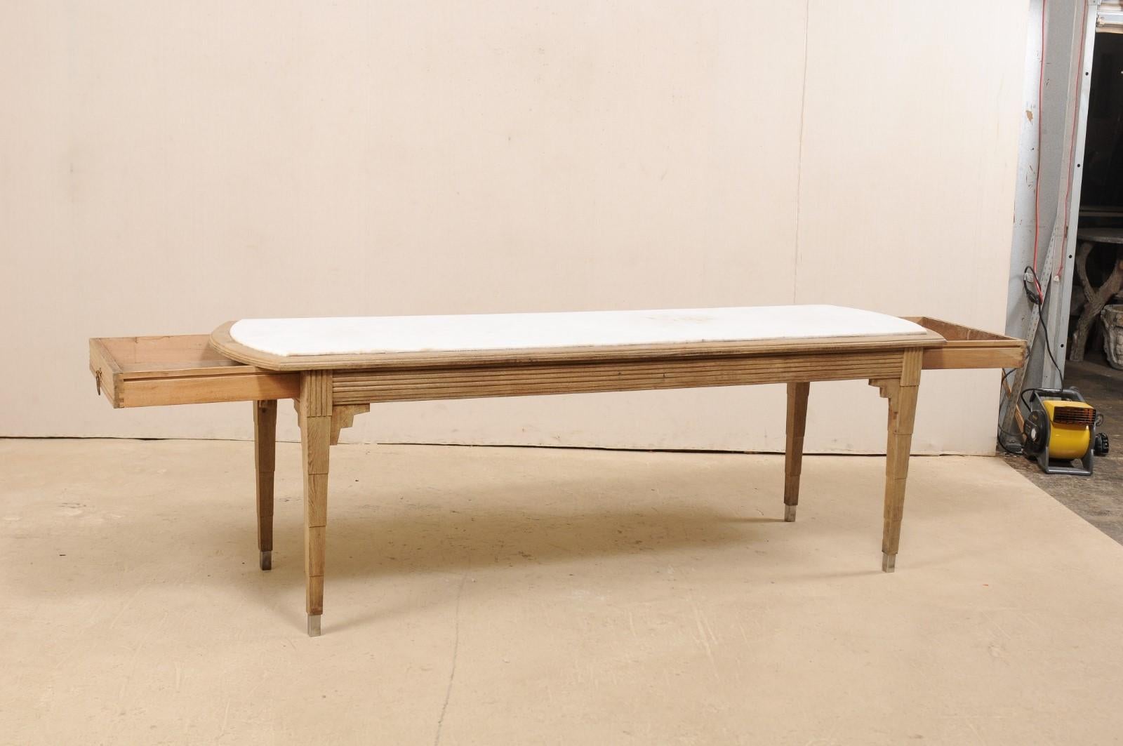 1930s French Slender Sized, Long Kitchen Island Table with Marble Top 1