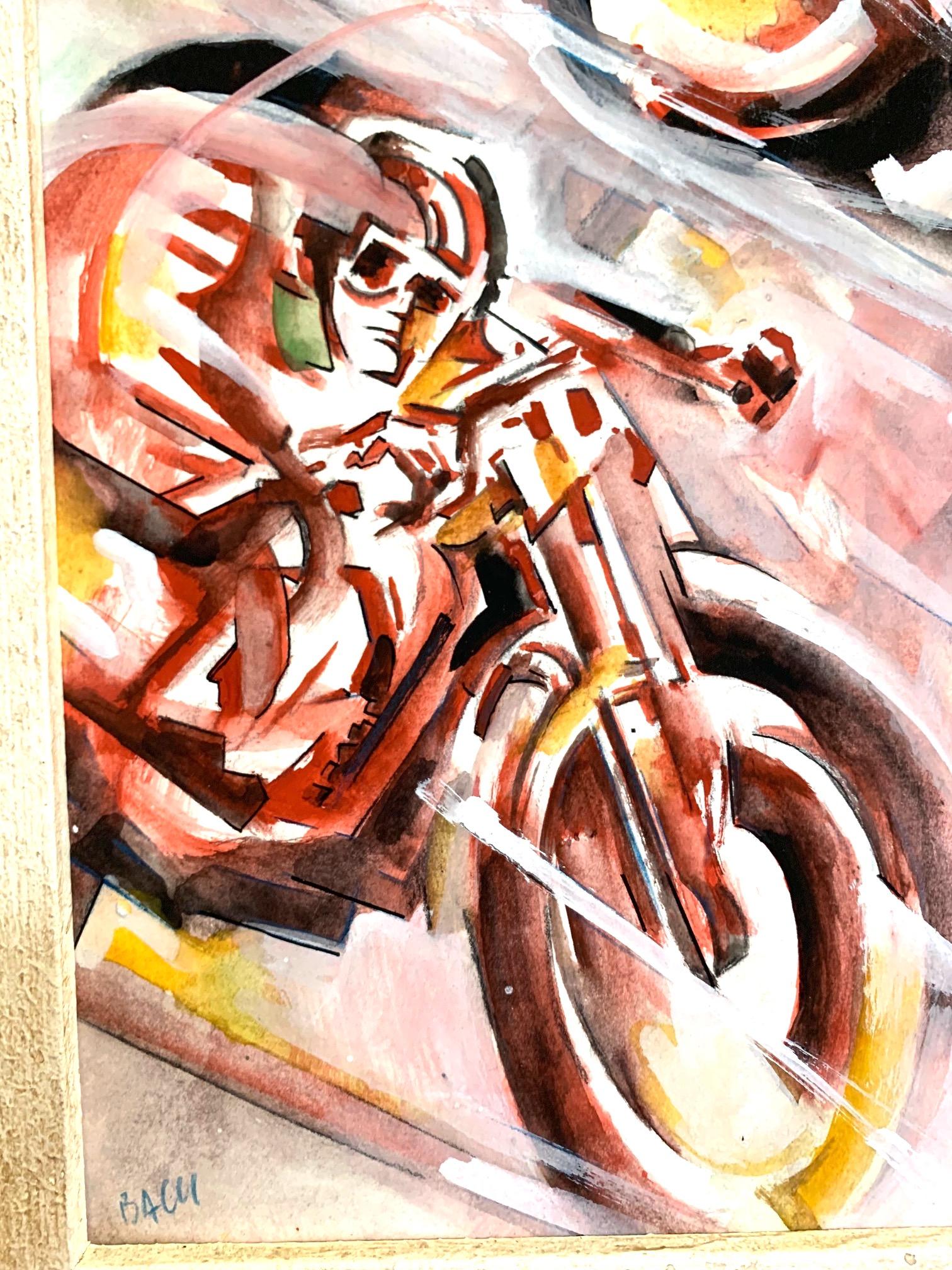 Pintura futurista en acuarela de los años 30 sobre una carrera de motos, obra del artista futurista italiano Aris Bacci. Montada en marco original geométrico moteado crema, con impresionantes combinaciones de colores rosa, amarillo, naranja y