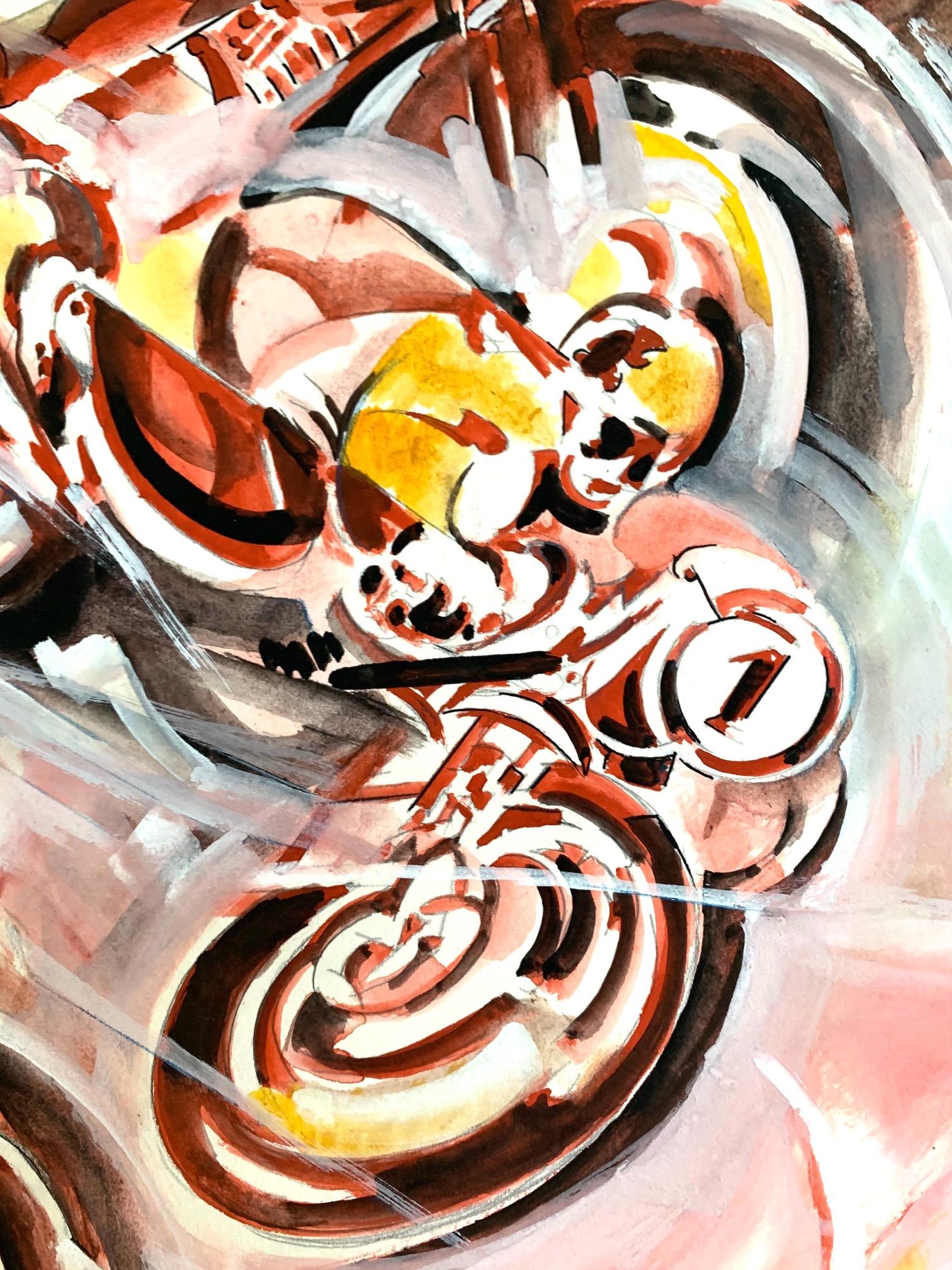 Acuarela futurista de los años 30 de una carrera de motos del artista italiano Aris Bacci Art Decó en venta