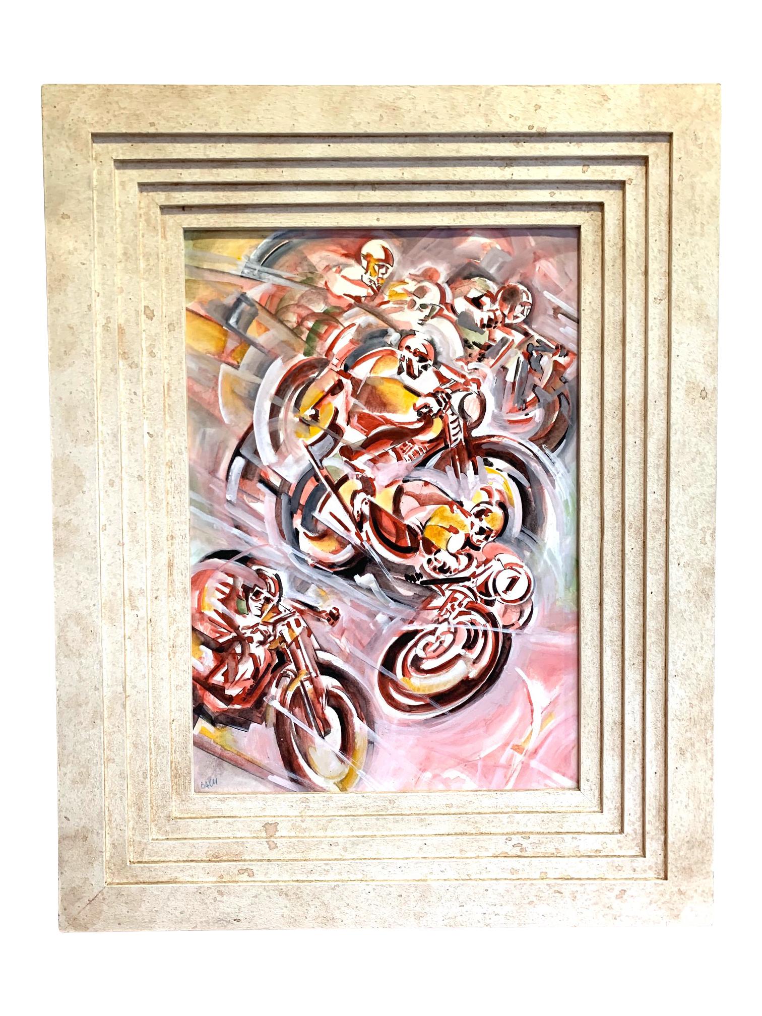 Acuarela futurista de los años 30 de una carrera de motos del artista italiano Aris Bacci mediados del siglo XX en venta