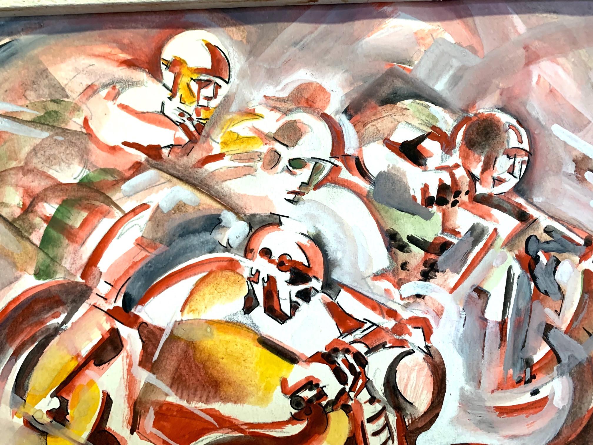 Acuarela futurista de los años 30 de una carrera de motos del artista italiano Aris Bacci Madera en venta