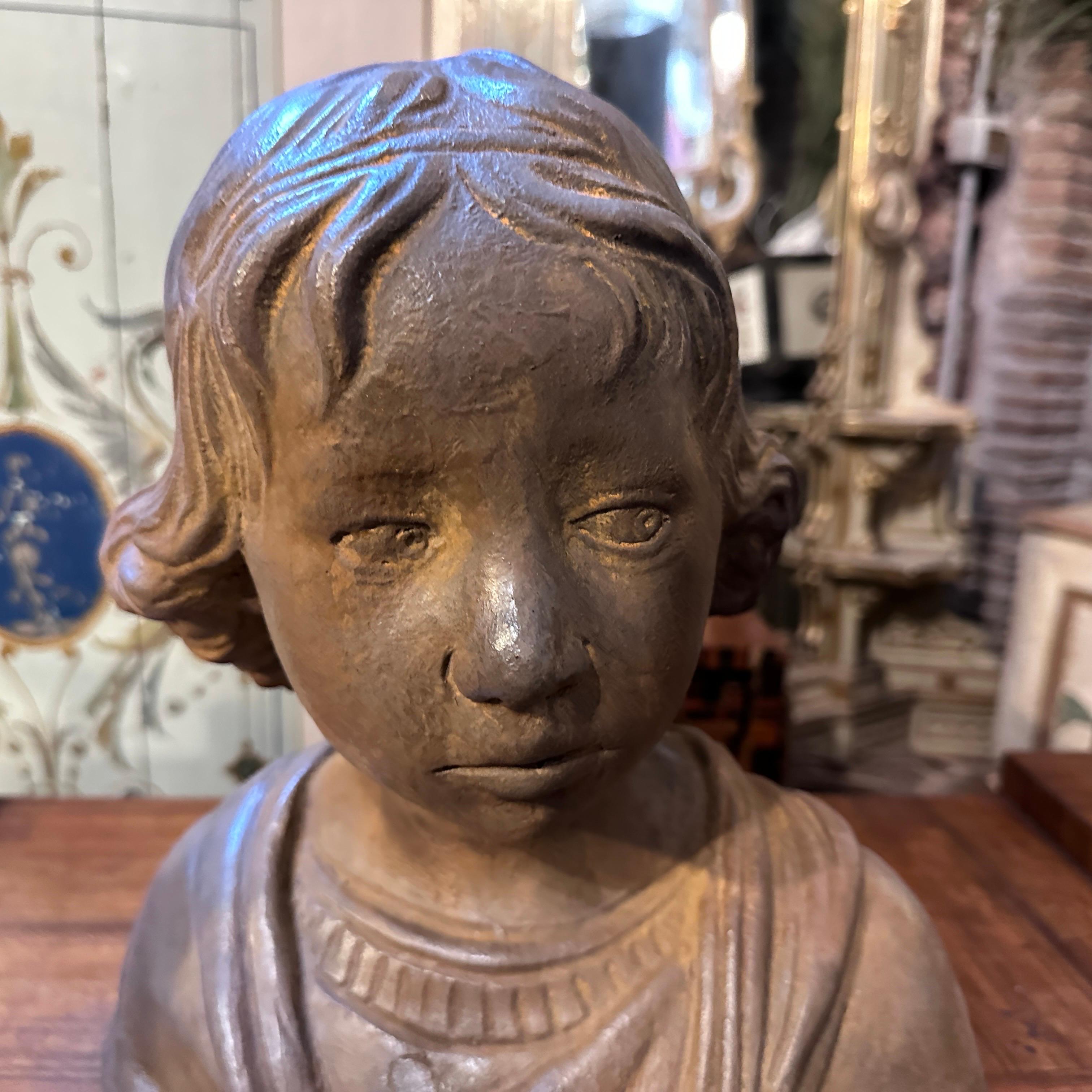 Neoclassical Revival 1930s Hand-Crafted Terracotta Sicilian Bust of a Young Girl For Sale