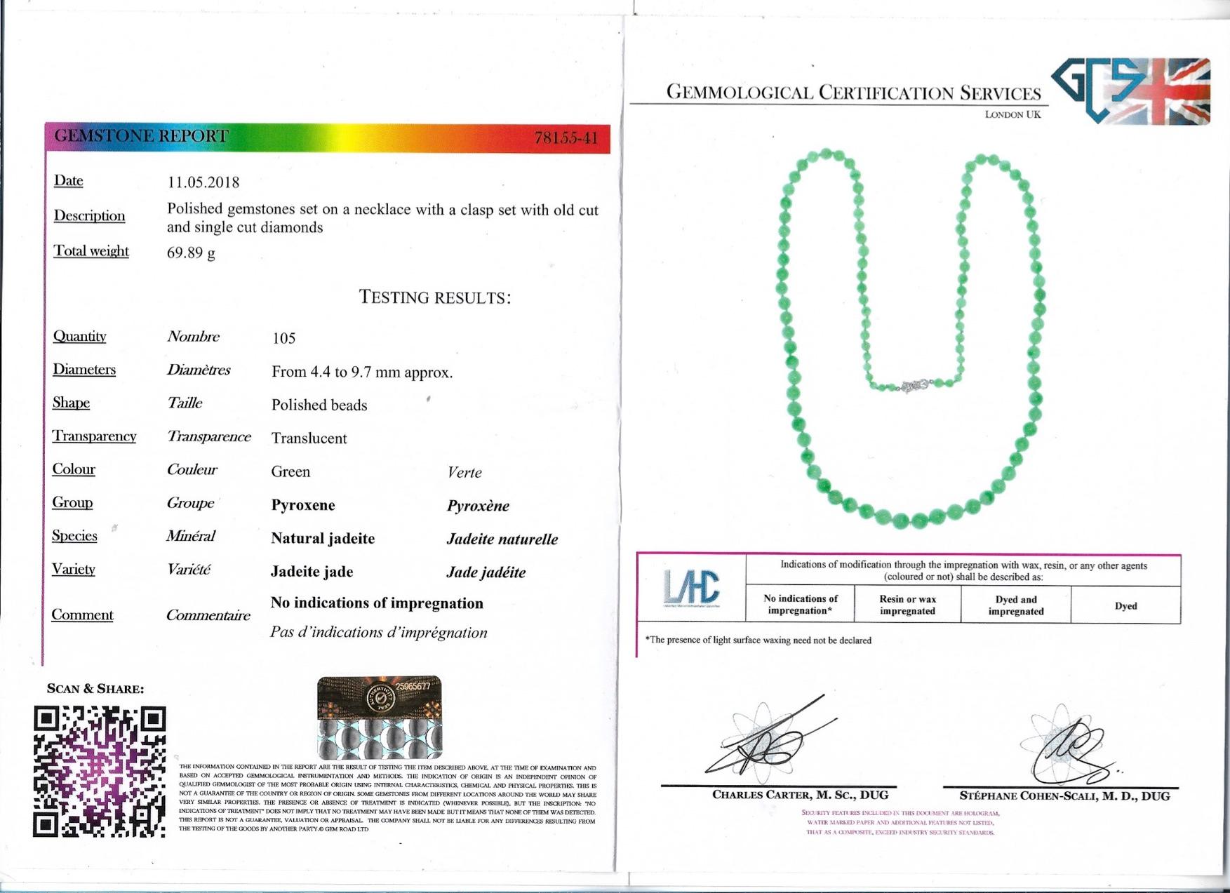 Old European Cut 1930s Natural Translucent Jadeite Necklace with French Assay Mark and Cert