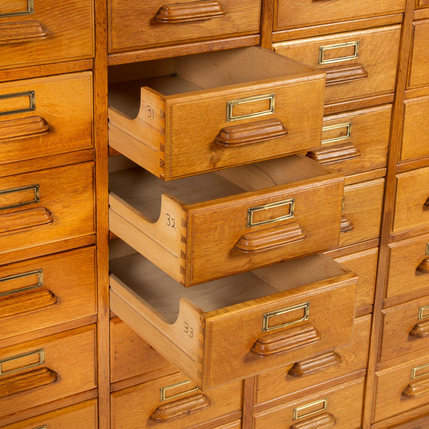 European 1930's Oak Haberdashery Cabinet with Brass Label Holders For Sale