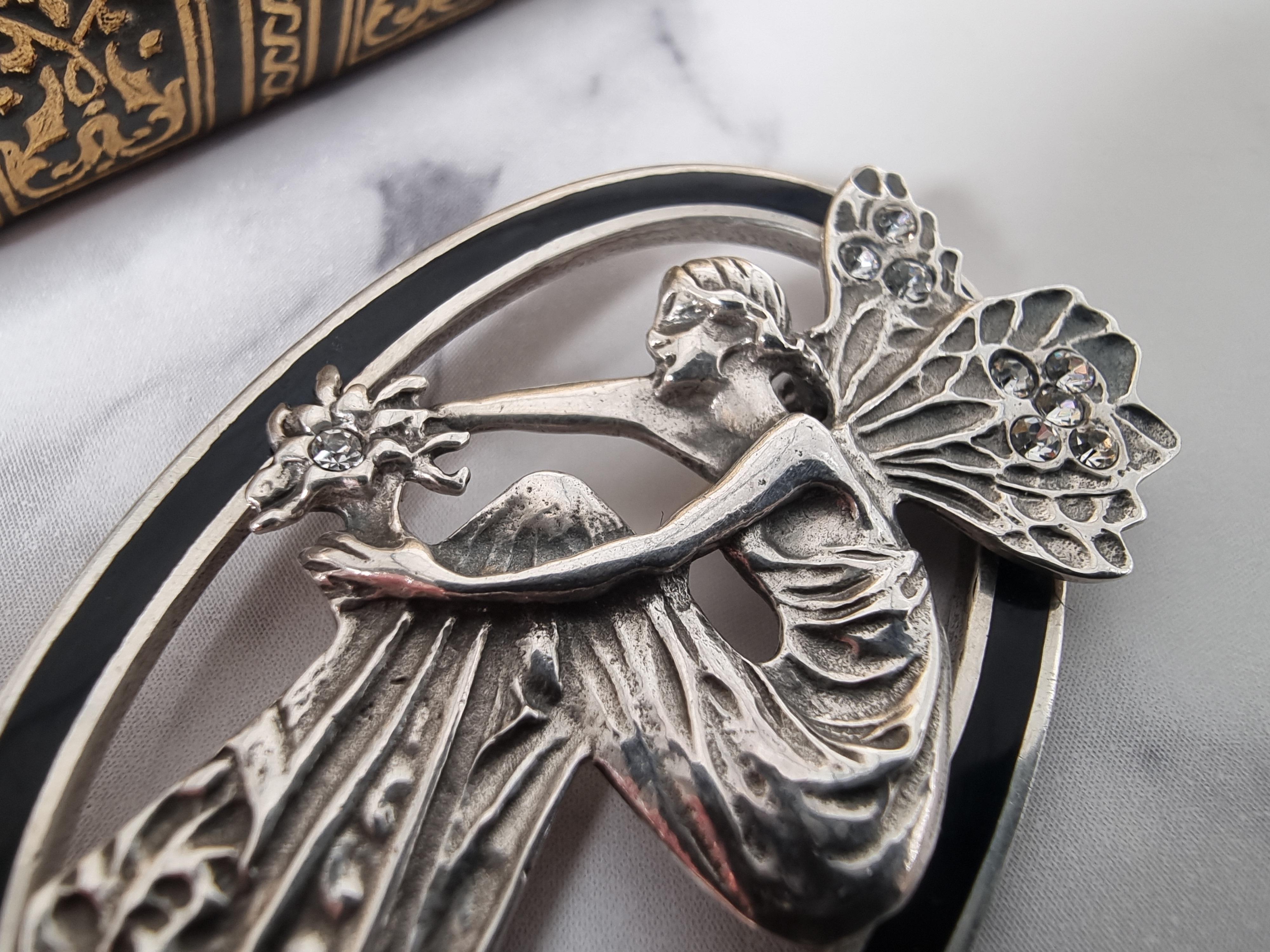 Art Deco A 1930s silver and black enamel fairy brooch For Sale