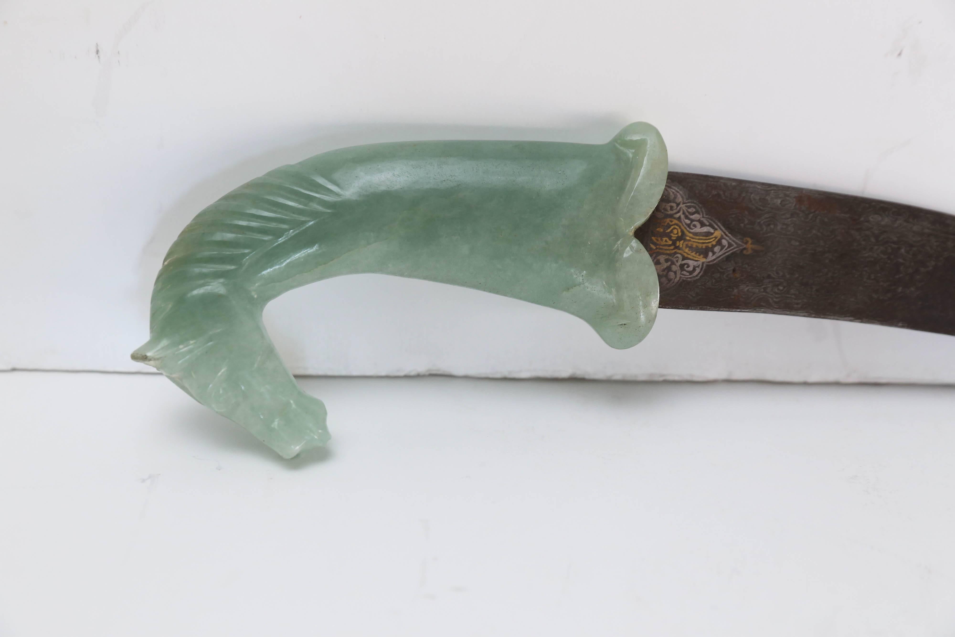 Arts and Crafts 1930s Water Quenched Double Edged Damascened Dagger with Indian Jade Hilt For Sale