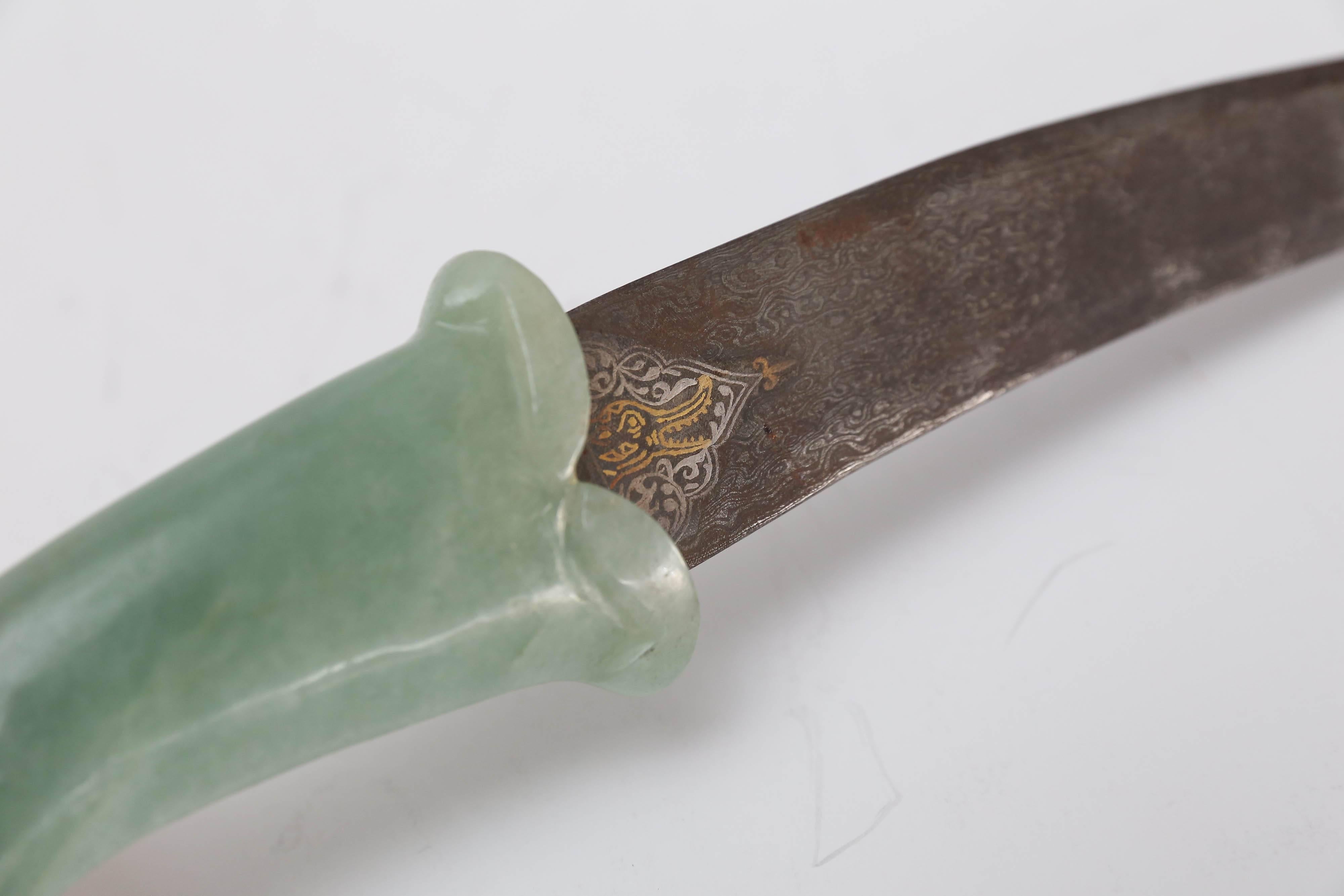 Asian 1930s Water Quenched Double Edged Damascened Dagger with Indian Jade Hilt For Sale
