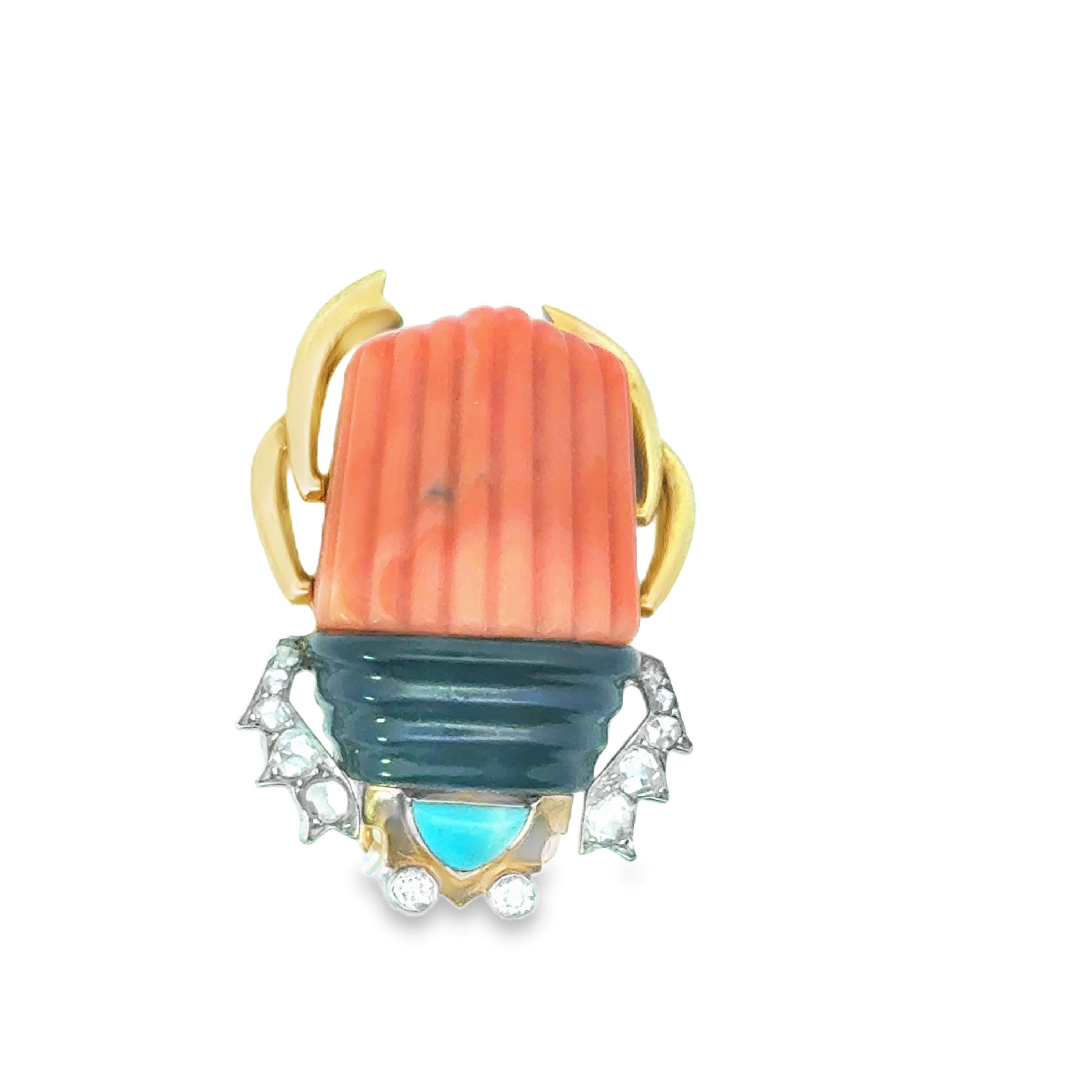 Mixed Cut A 1936 Cartier Scarab Coral Gem Set Brooch . Signed Cartier Paris