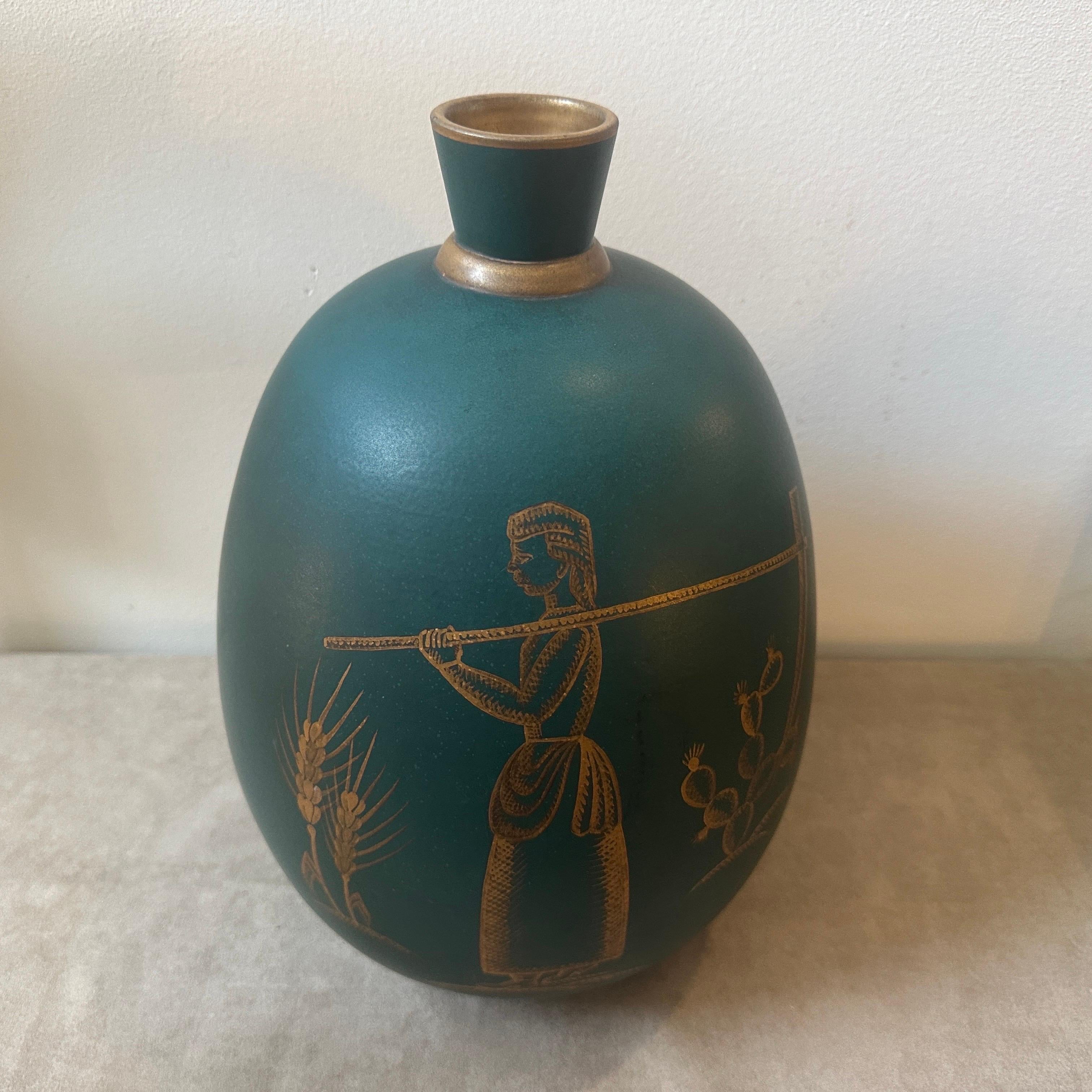 Hand-Painted A 1939 Dated Art Deco Gio Ponti Inspired Green and Gold Ceramic Sicilian Vase For Sale