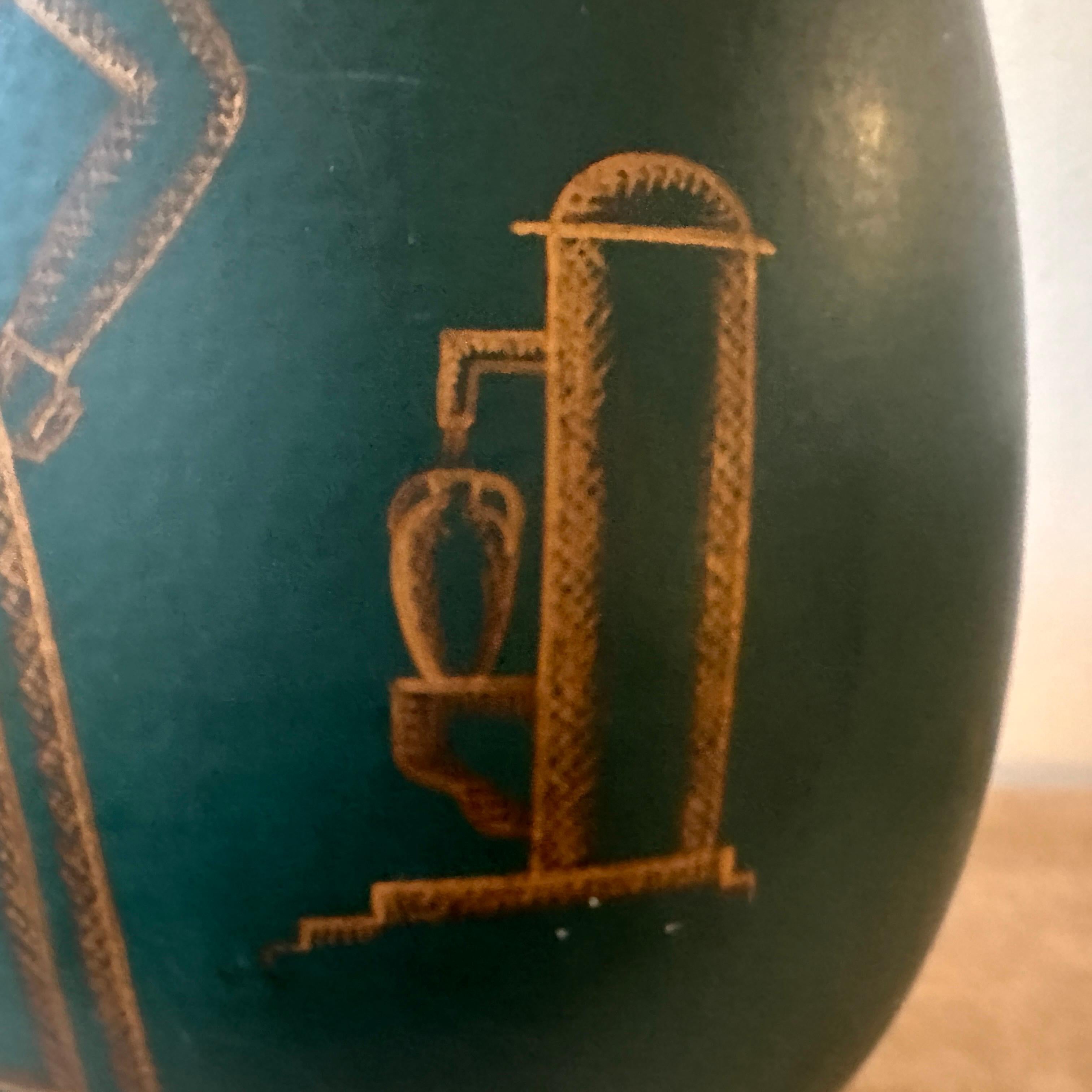 A 1939 Dated Art Deco Gio Ponti Inspired Green and Gold Ceramic Sicilian Vase For Sale 1