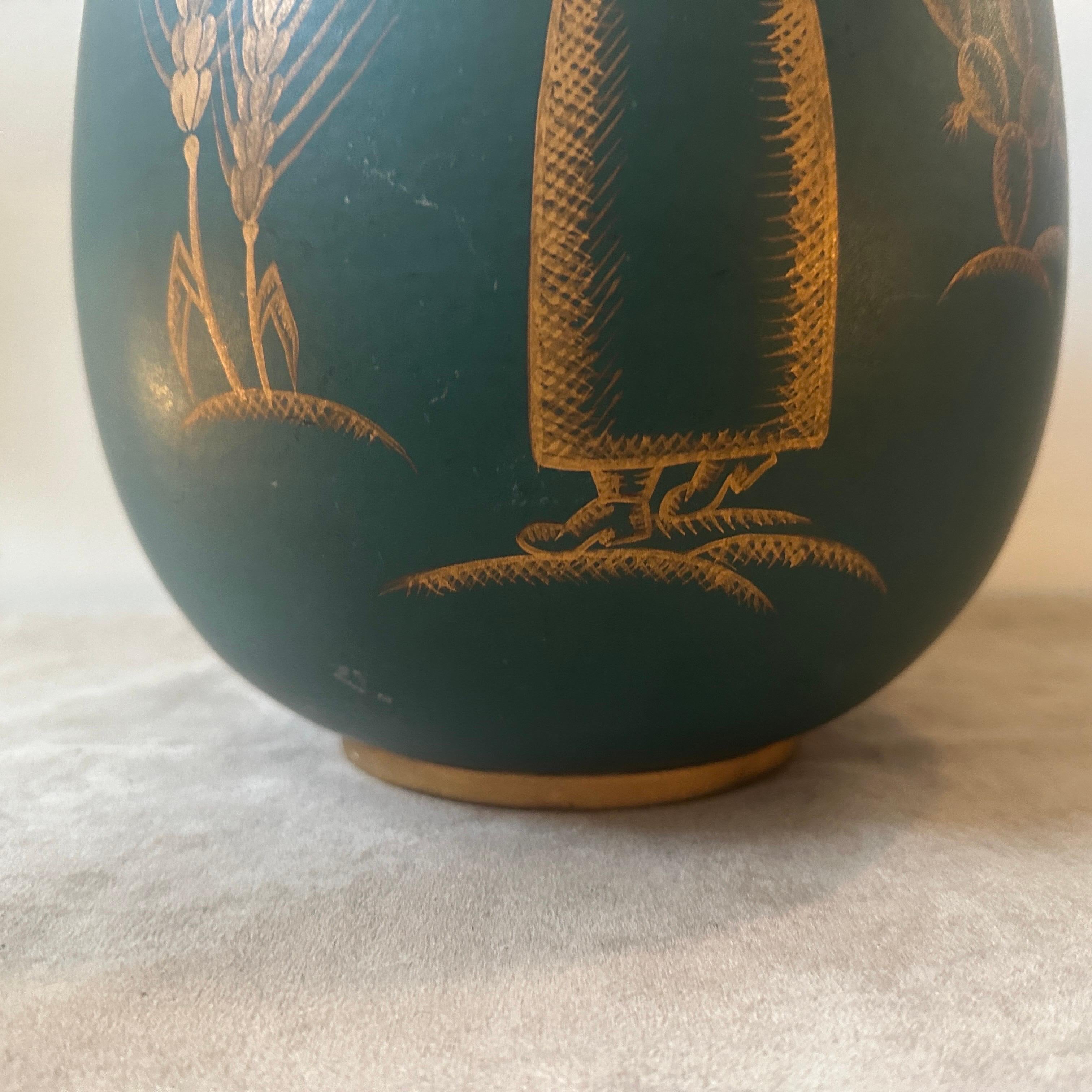 A 1939 Dated Art Deco Gio Ponti Inspired Green and Gold Ceramic Sicilian Vase For Sale 2