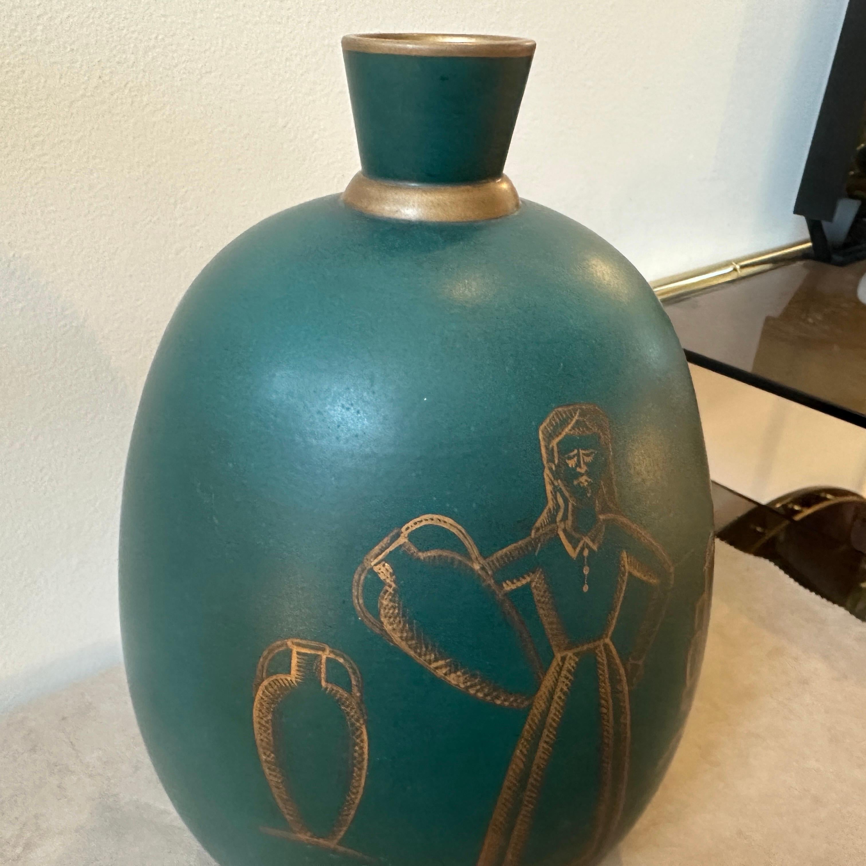 A 1939 Dated Art Deco Gio Ponti Inspired Green and Gold Ceramic Sicilian Vase For Sale 3