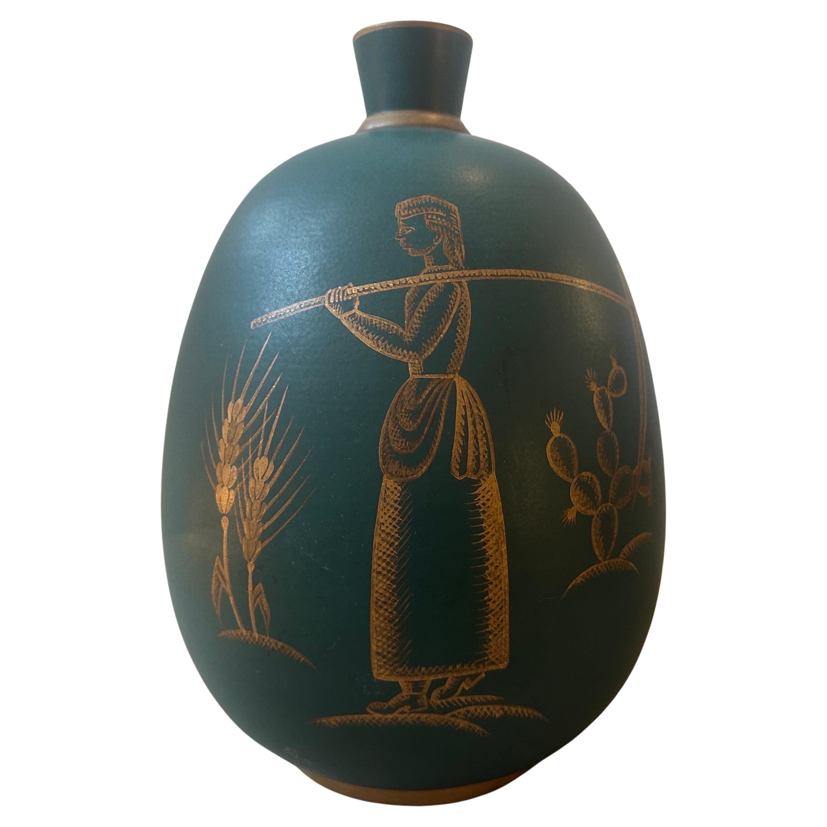 A 1939 Dated Art Deco Gio Ponti Inspired Green and Gold Ceramic Sicilian Vase For Sale