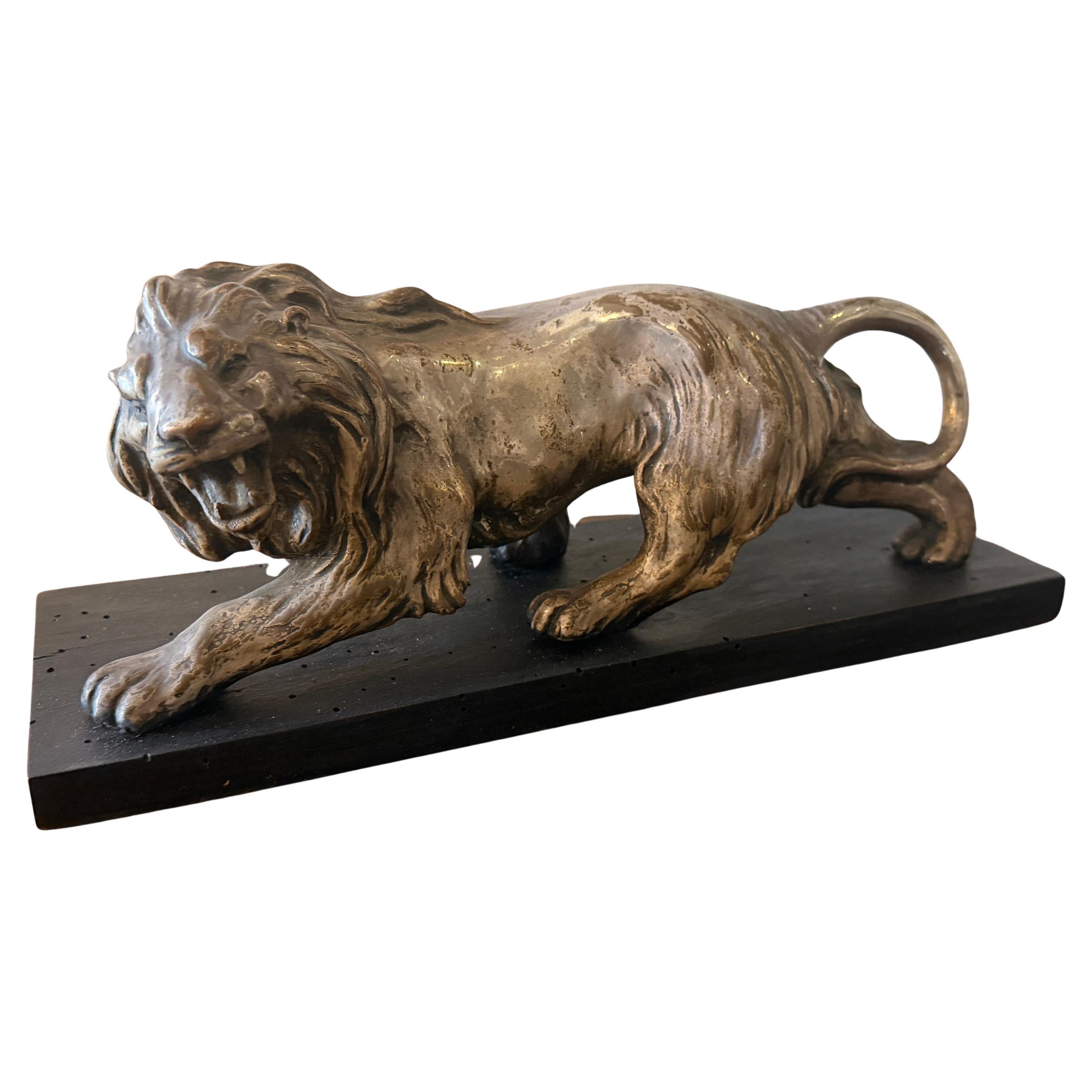 A 1940s Art Deco Silver Plate On Copper Italian Sculpture of a Roaring Lion For Sale
