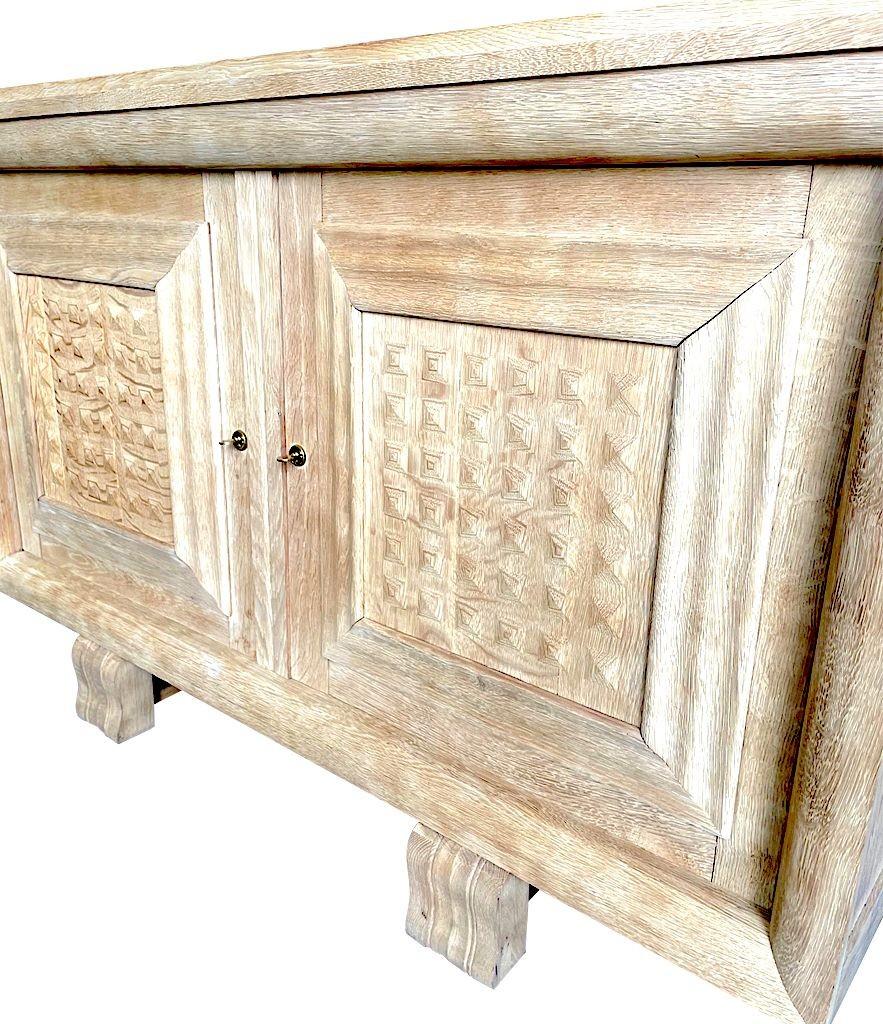 Brass 1940s Bleached Oak, Geometric Sideboard in the Style of Charles Dudouyt