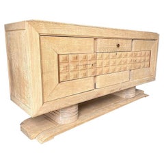 1940s Bleached Oak Sideboard by Charles Dudouyt with Geometric Relief Design