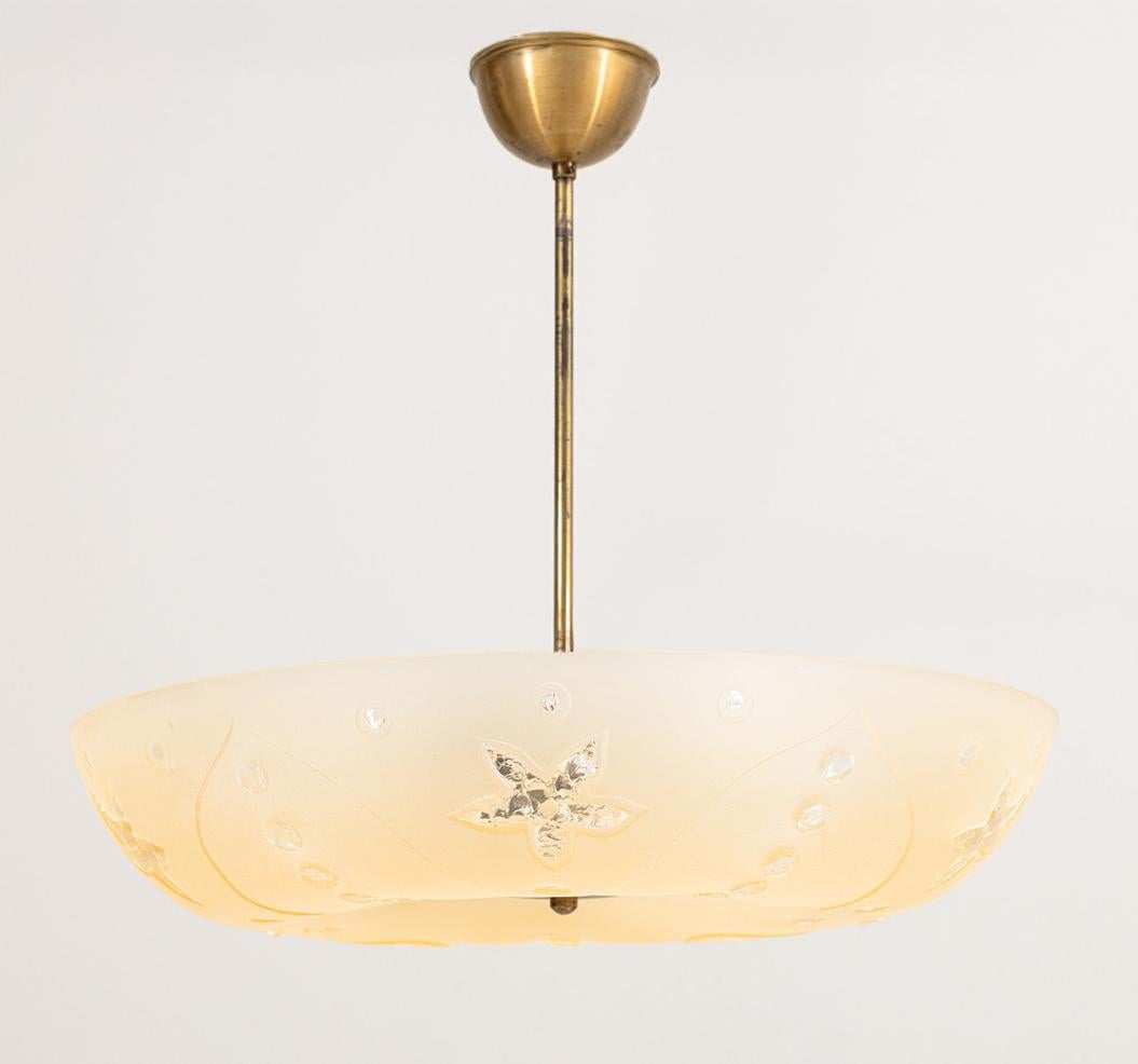 Swedish A 1940s Frosted Glass Pendant with Flower Motif For Sale