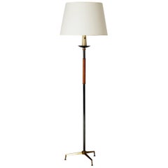 1940s Leather and Brass Floor Lamp