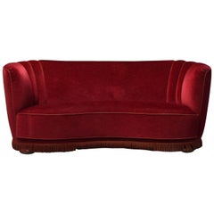 1940s Swedish Curved Red Velvet Sofa