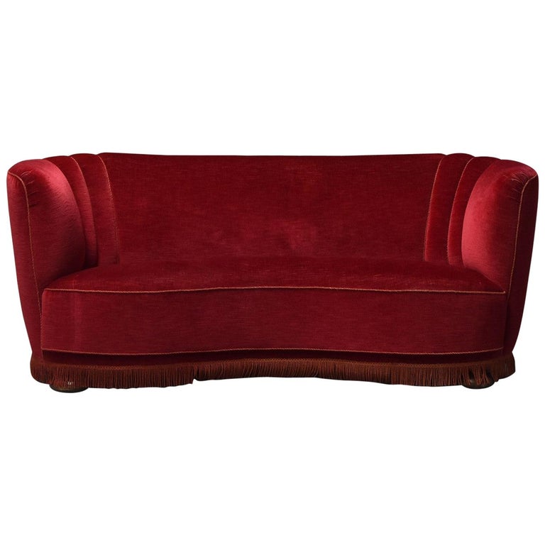 1940s Swedish Curved Red Velvet Sofa at 1stDibs