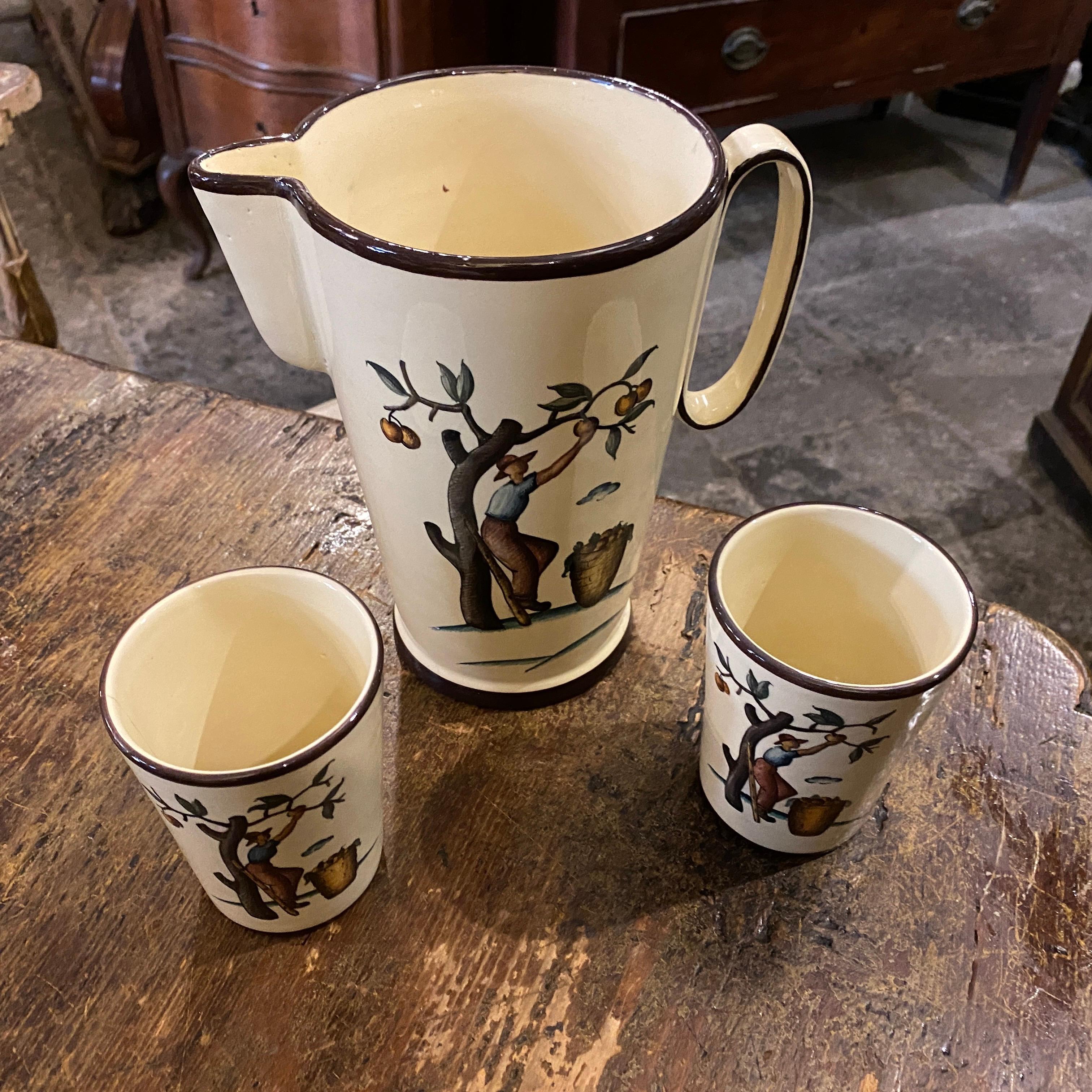 1947 Hand Painted Ceramic Sicilian Jug and Two Glasses Designed by Giò Ponti In Good Condition In Aci Castello, IT