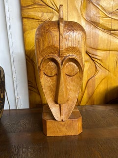 Tête en chêne signée Francois Pochon, A. 1950