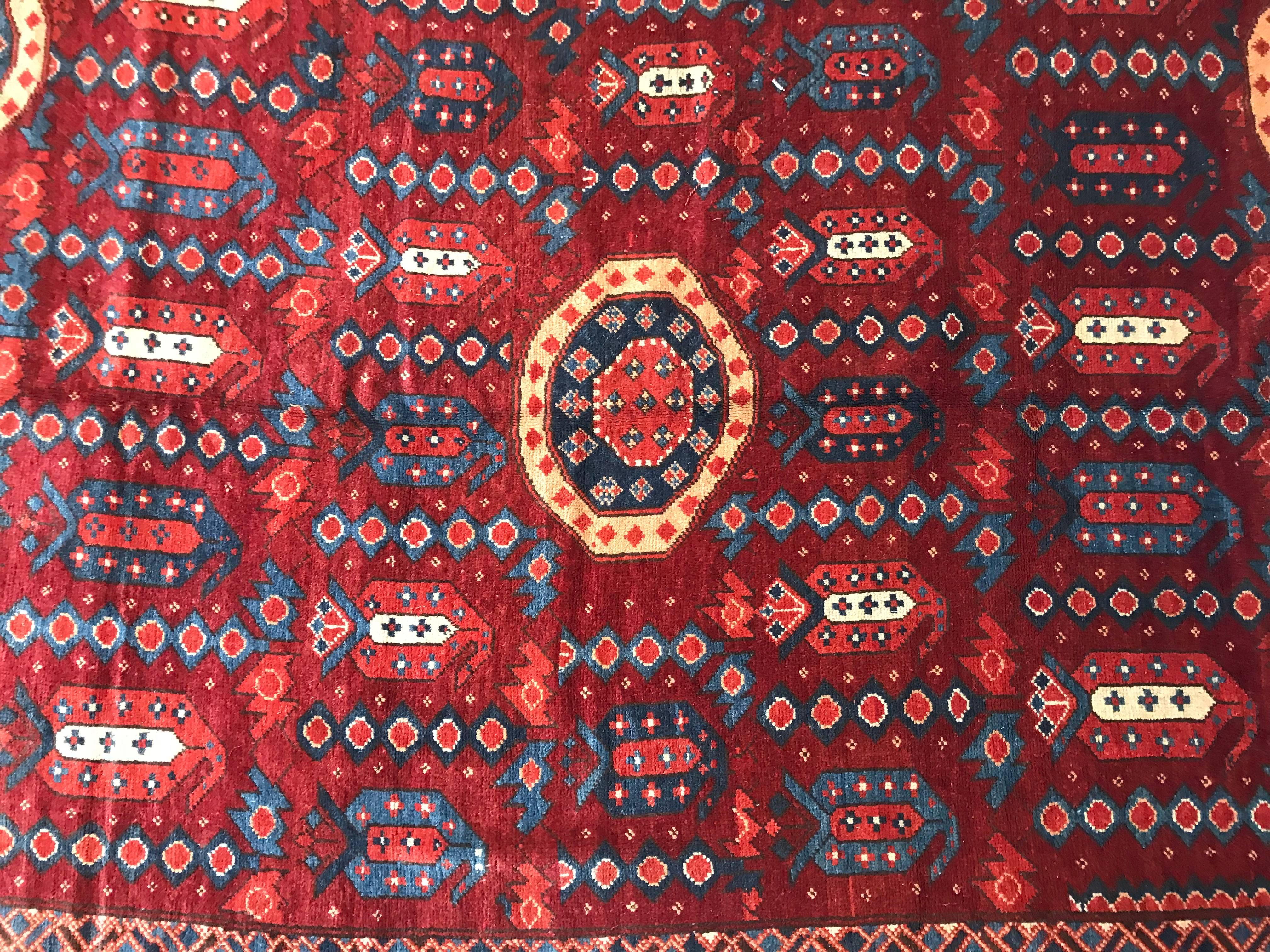 A contemporary Beshir carpet or rug. With wonderfully vibrant colors this room sized Beshir carpet is in very nice condition and has just been cleaned and hung.
This circa-1970s antique Beshir rug features an all-over design of geometric