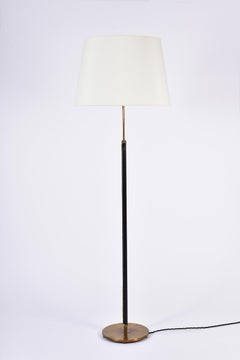 1950s Brass and Black Leather Floor Lamp, in the Manner of Jacques Adnet