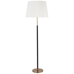 1950s Brass and Black Leather Floor Lamp, in the Manner of Jacques Adnet