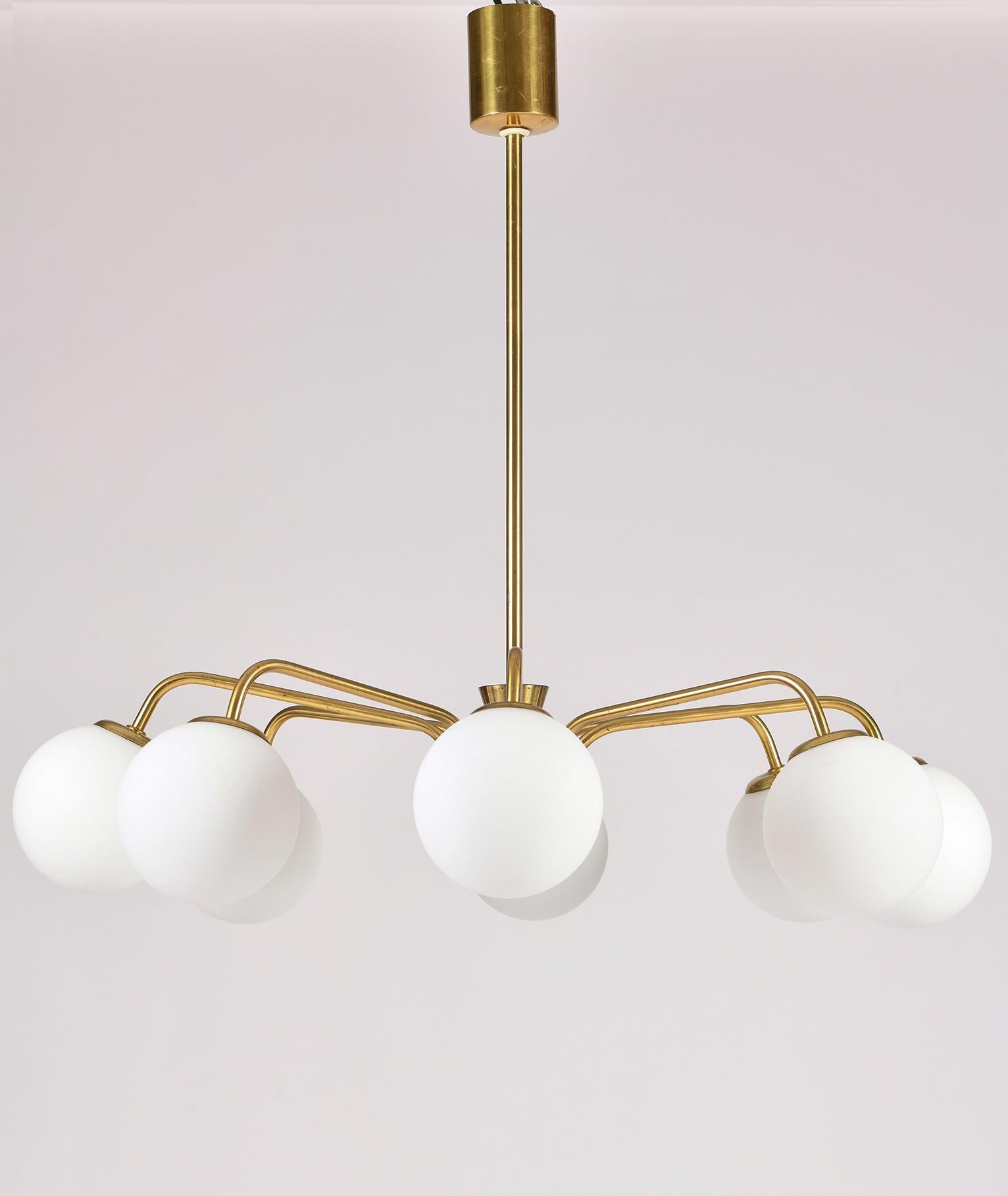 Mid-Century Modern 1950s Brass and Glass Globe Chandelier