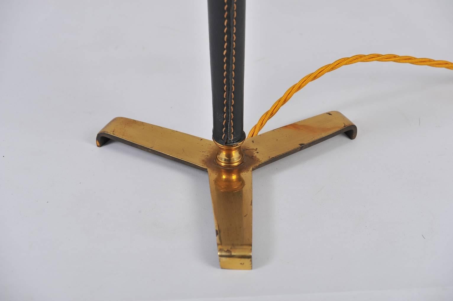 Mid-Century Modern 1950s Brass and Stitched Black Leather Lamp in the Manner of Jacques Adnet