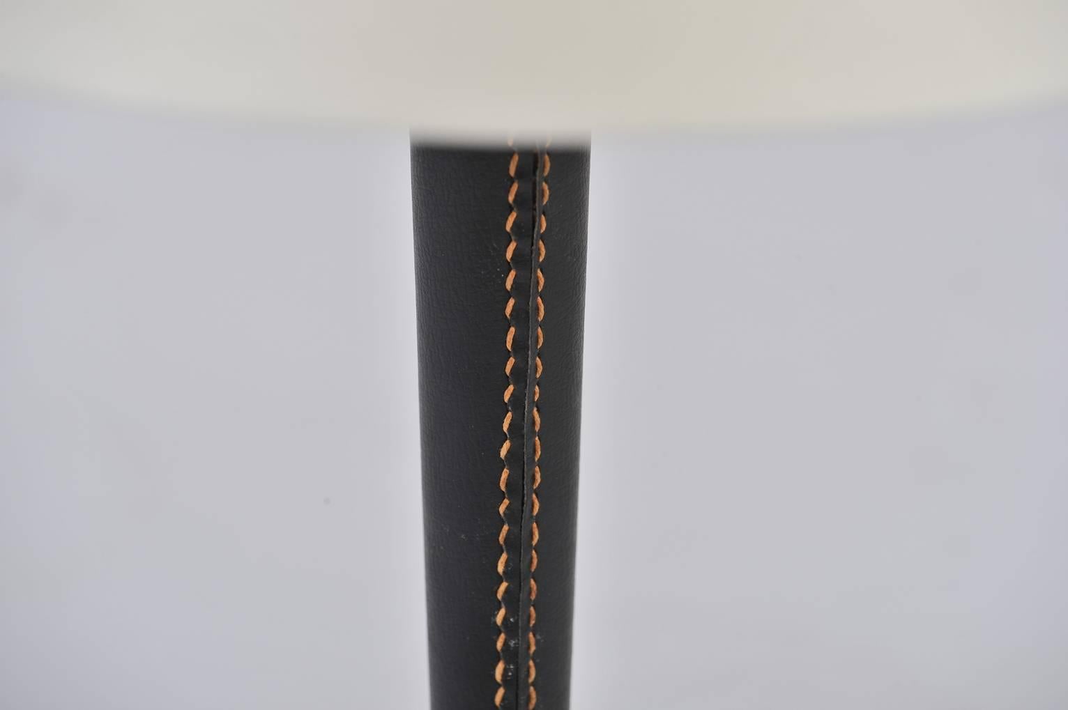 French 1950s Brass and Stitched Black Leather Lamp in the Manner of Jacques Adnet