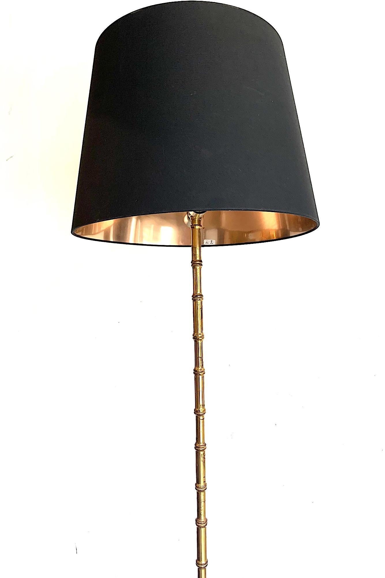 1950s Brass Maison Baguès Style Faux Bamboo Floor Lamp with Tripod Feet In Good Condition In London, GB