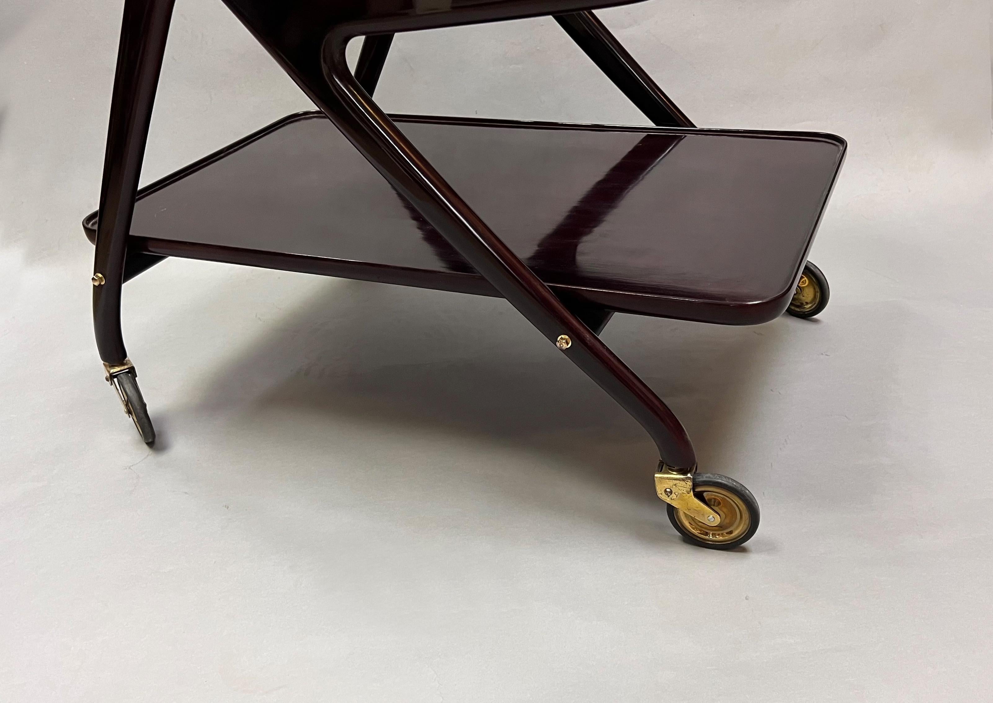 Italian 1950s Cesare Lacca Bart Cart Trolley Lacquered Mahogany with Removable Trays For Sale