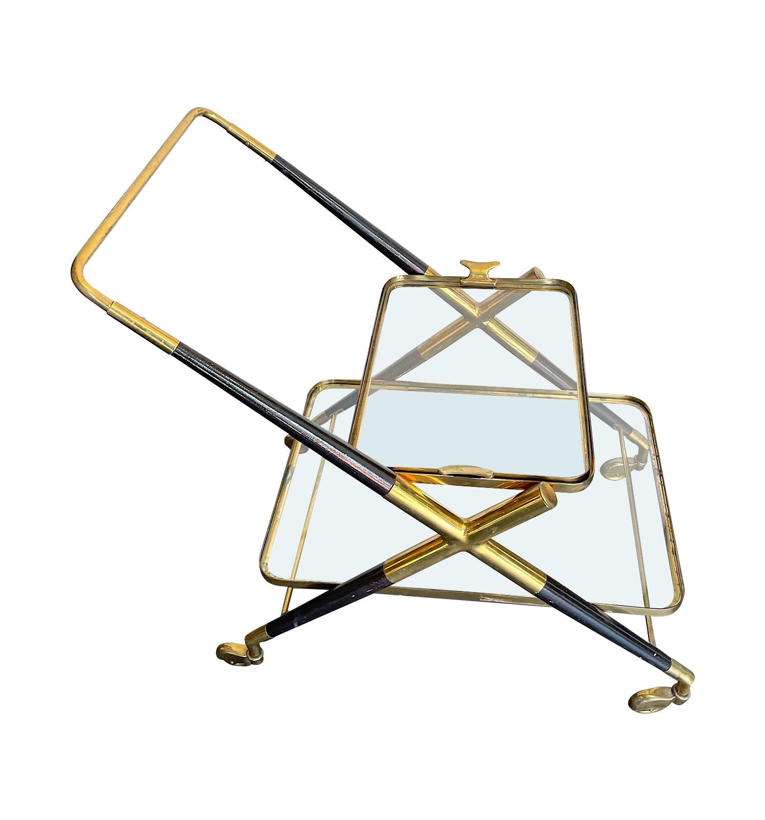 Italian 1950s Cesare Lacca Brass and Black Lacquer Bar Trolley with Removable Tray For Sale