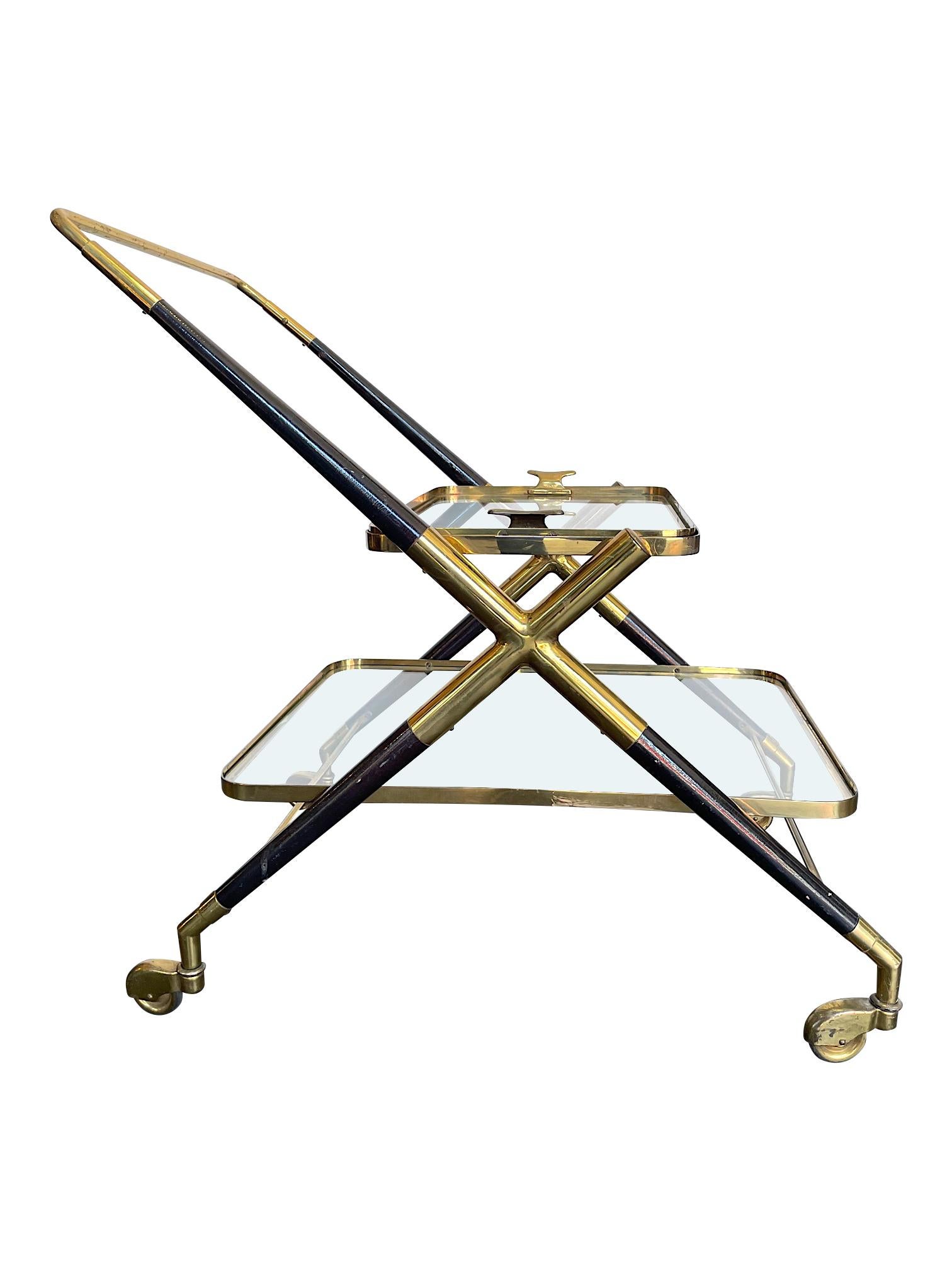 Lacquered 1950s Cesare Lacca Brass and Black Lacquer Bar Trolley with Removable Tray For Sale