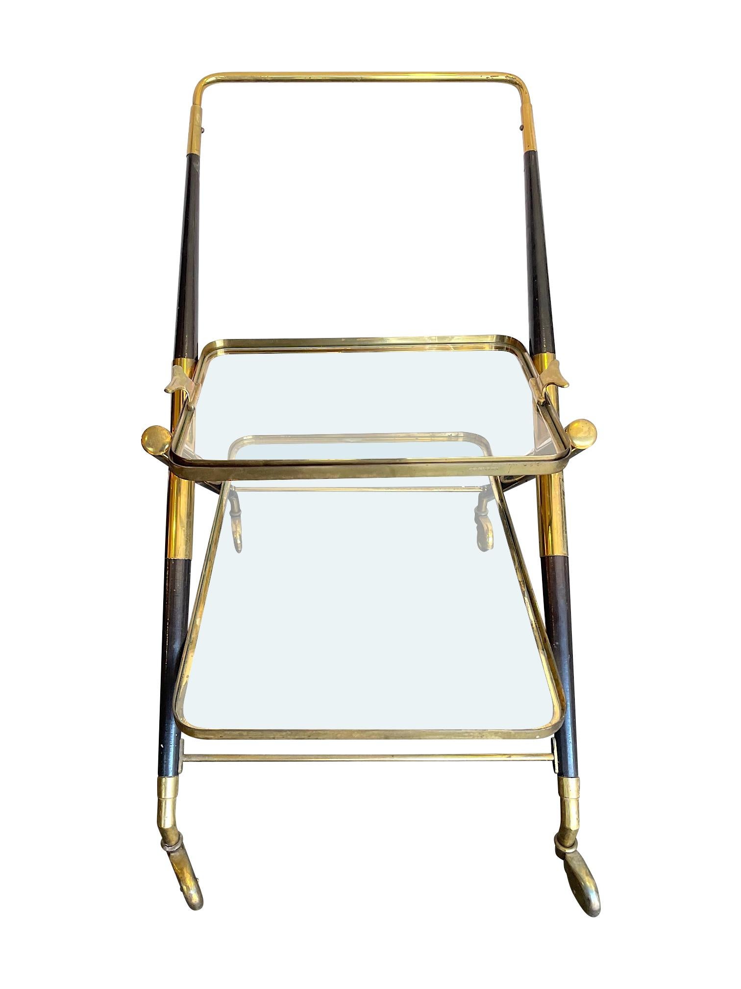 1950s Cesare Lacca Brass and Black Lacquer Bar Trolley with Removable Tray In Good Condition For Sale In London, GB