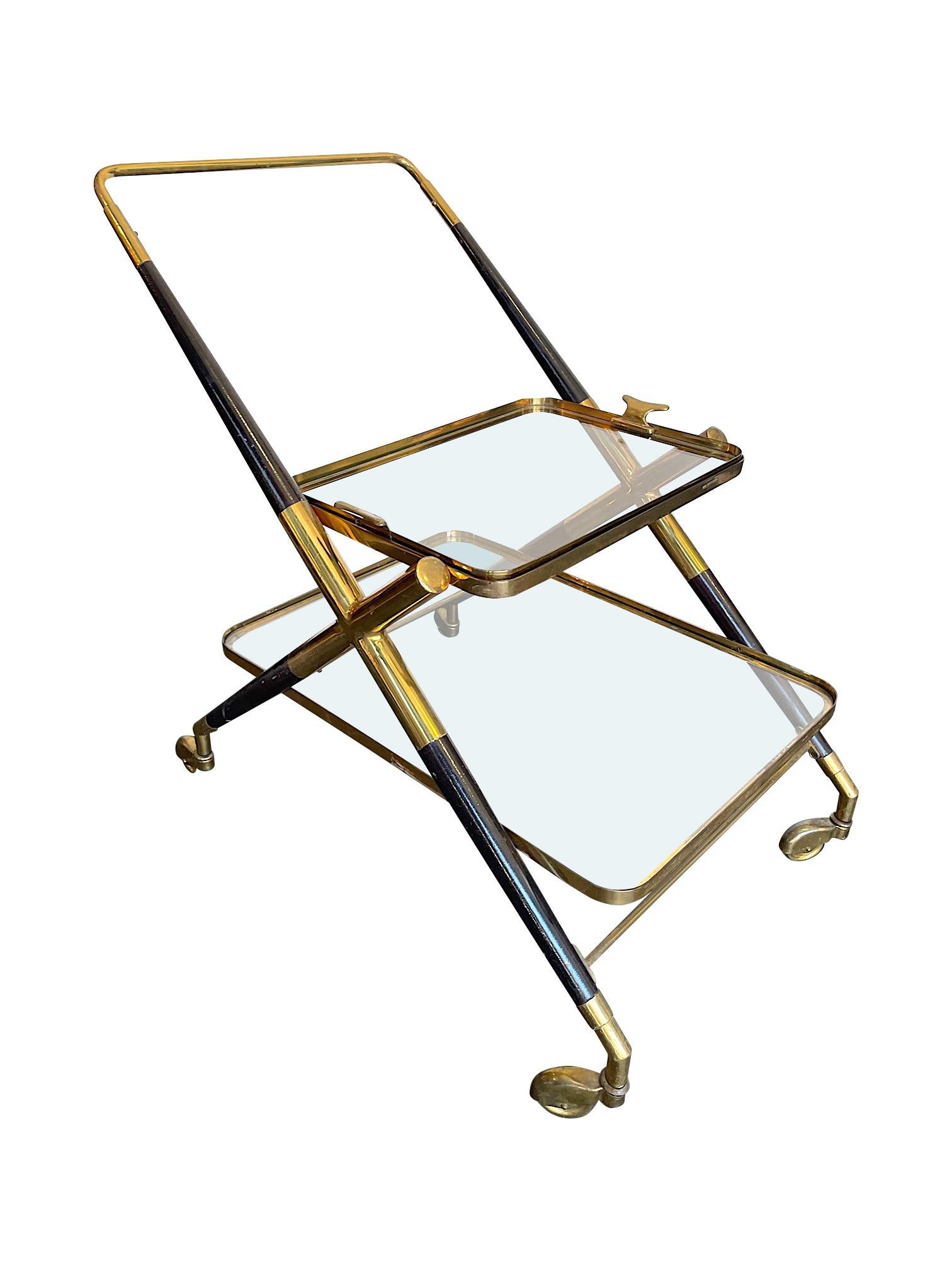 Mid-20th Century 1950s Cesare Lacca Brass and Black Lacquer Bar Trolley with Removable Tray For Sale