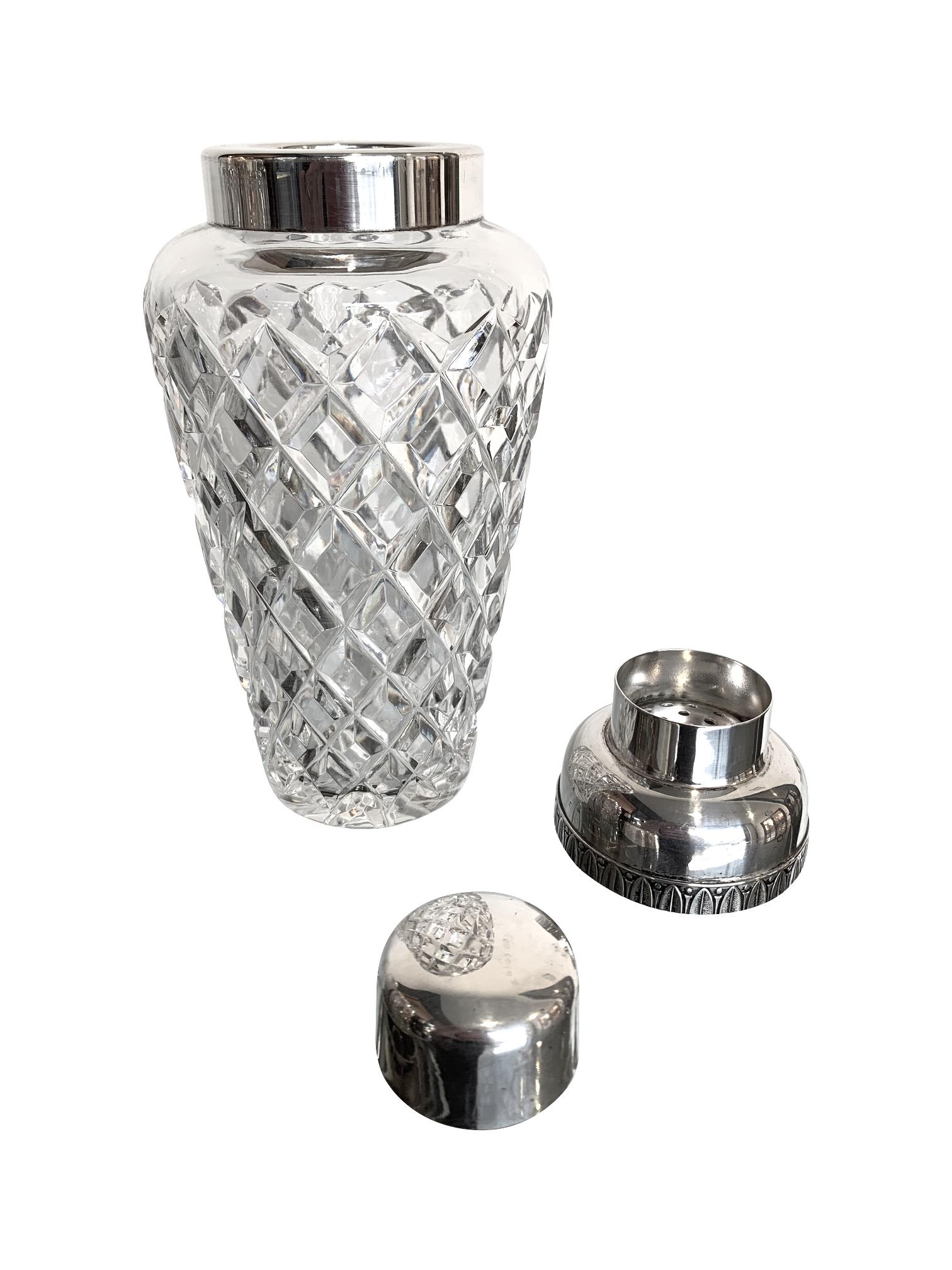 Mid-Century Modern 1950s Crystal Val Saint Lambert Cocktail Shaker with Silver Plated Top