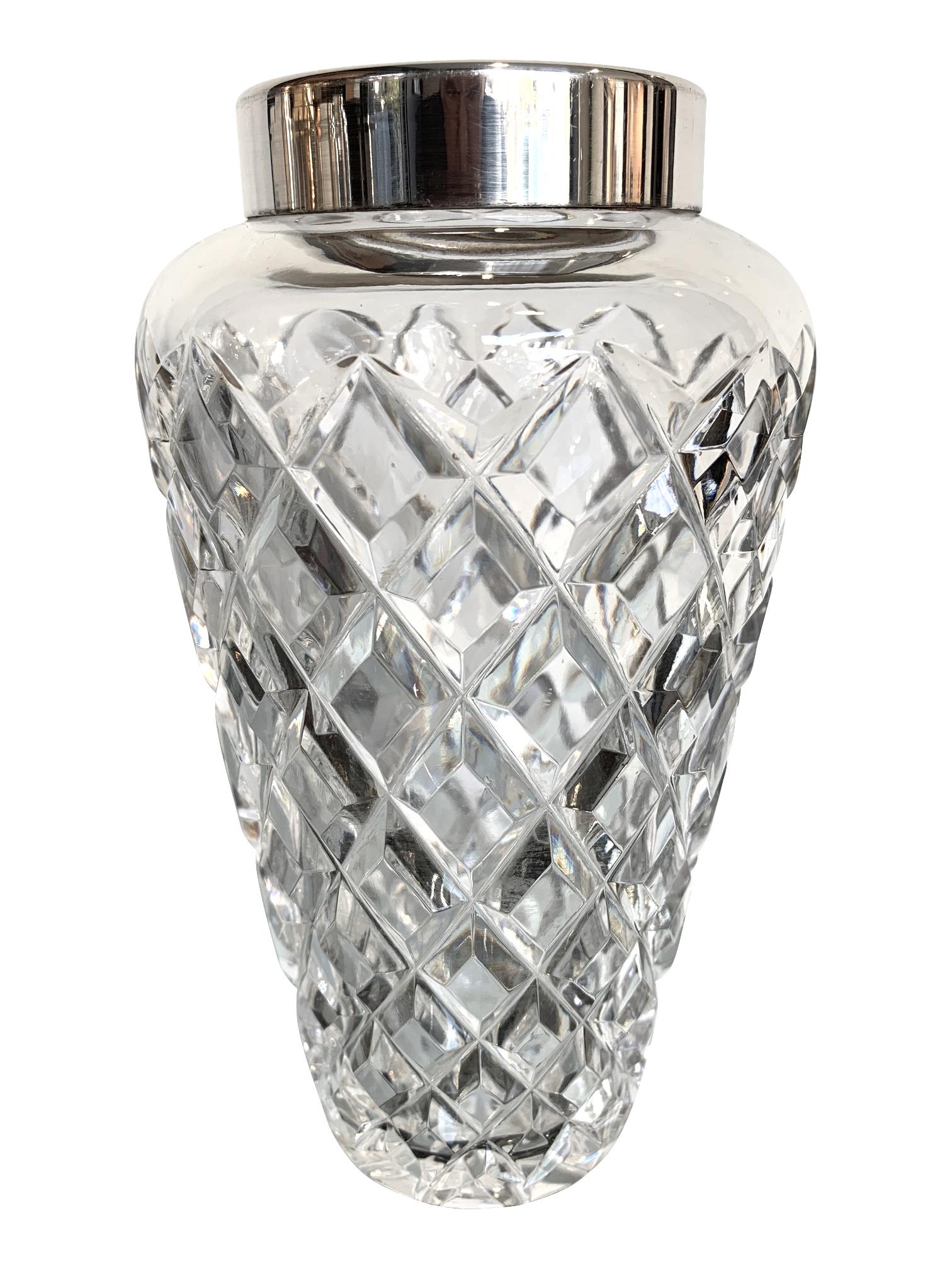 1950s Crystal Val Saint Lambert Cocktail Shaker with Silver Plated Top In Good Condition In London, GB