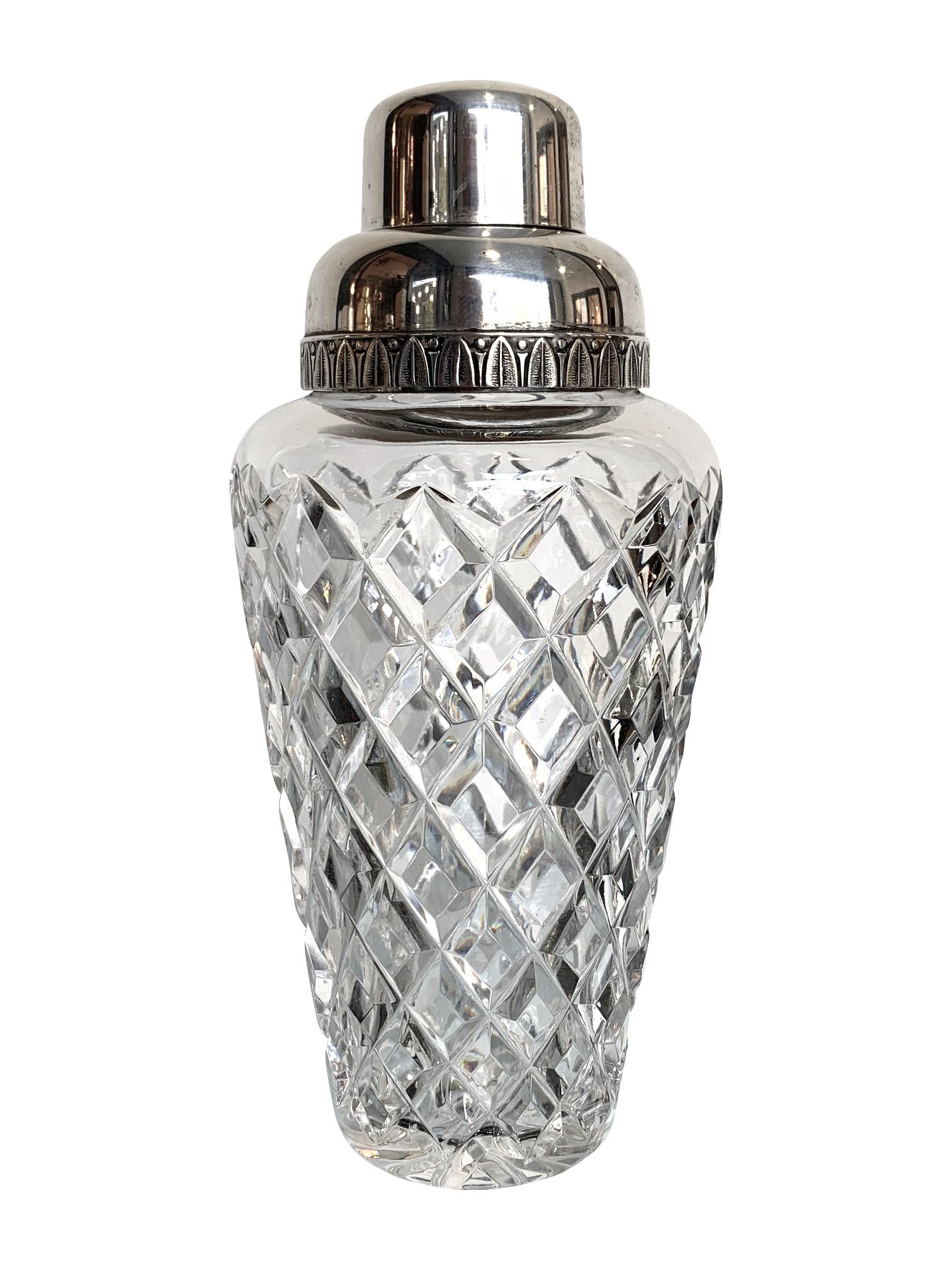 1950s Crystal Val Saint Lambert Cocktail Shaker with Silver Plated Top 1
