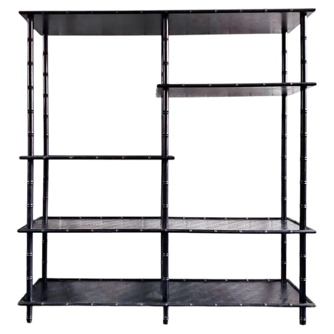 A 1950's French Black Faux Bamboo Etagere For Sale