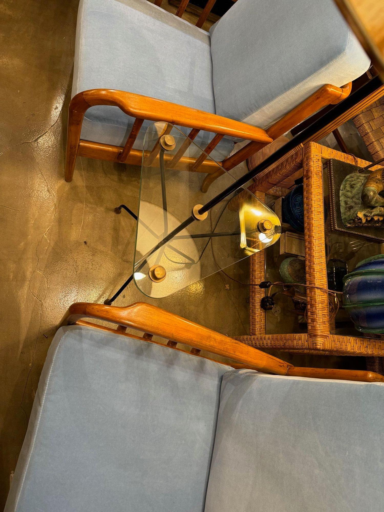 A 1950s French black lacquer and brass tripod floor lamp with glass table For Sale 5
