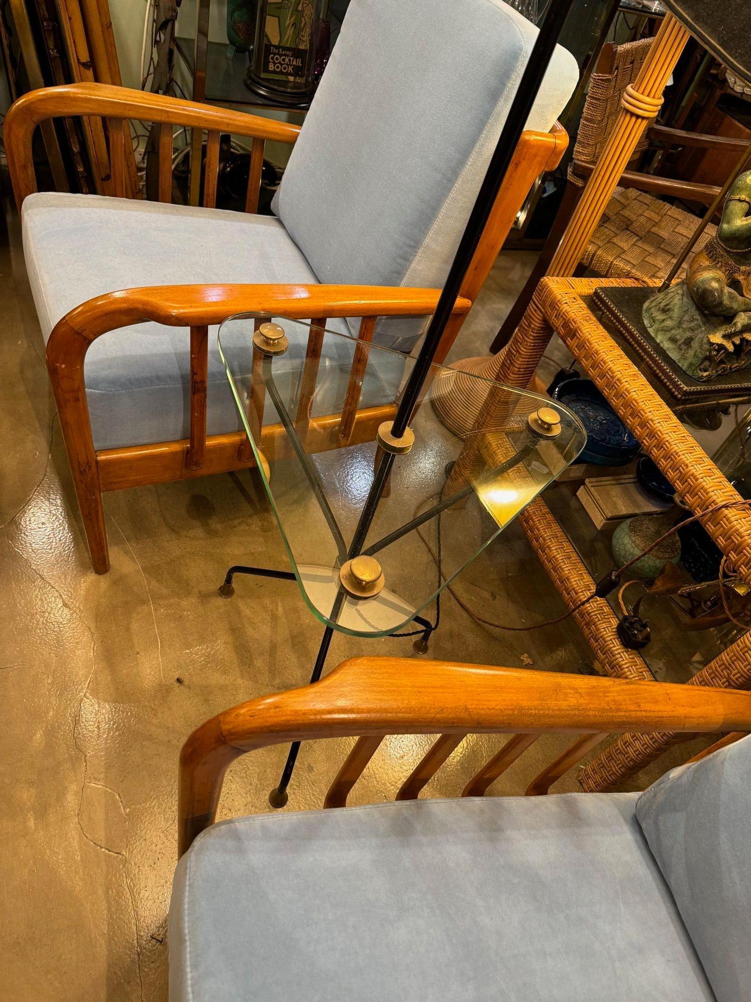 A 1950s French black lacquer and brass tripod floor lamp with glass table For Sale 6