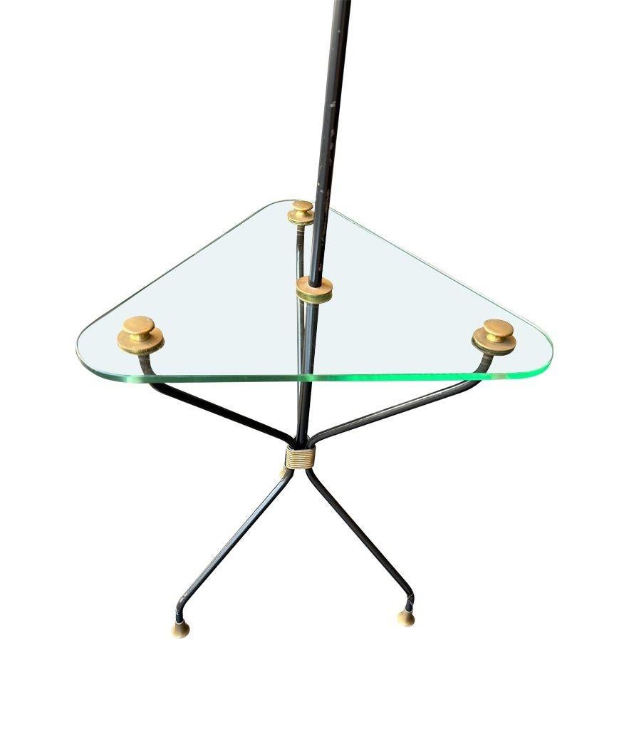A 1950s French black lacquer and brass tripod floor lamp with glass table For Sale 7